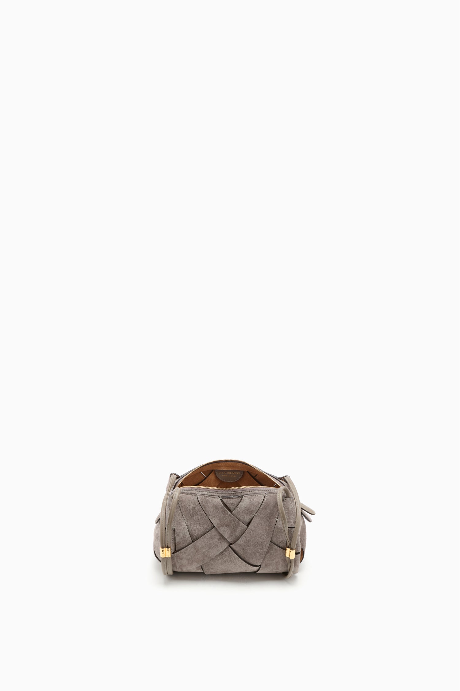 Ulla Johnson Grey Woven Lambskin Camera Bag - Open Interior and Gold Zipper Detail | Ulla Johnson