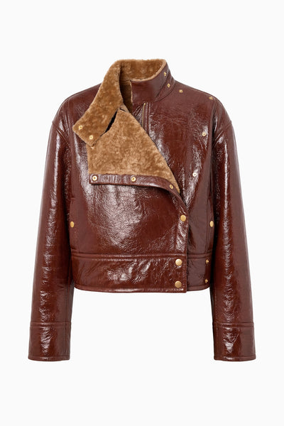 Cognac Glossy Lambskin Leather Jacket with Shearling Lining - Flat Lay | Ulla Johnson
