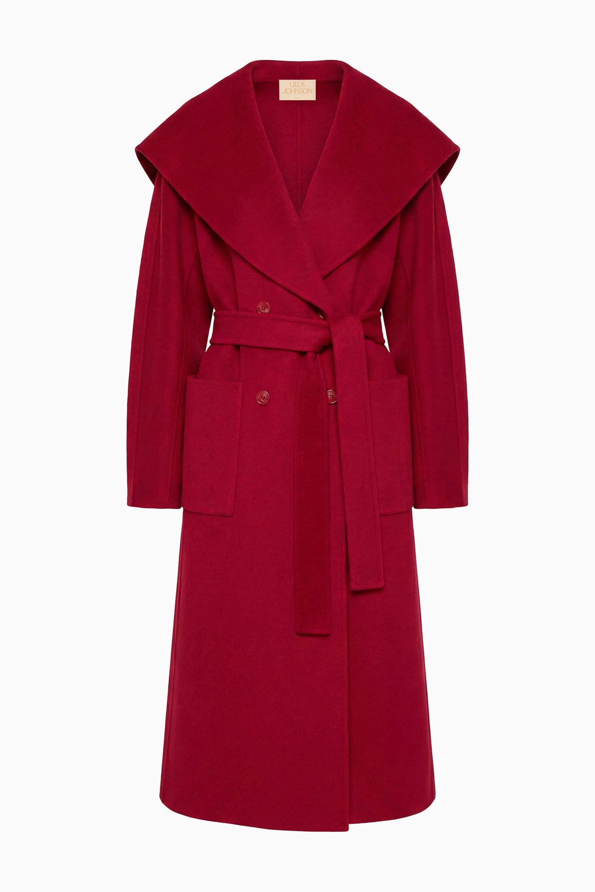 Cerise Luxury Wool Coat Styled with Lace Dress and Leather Gloves - Campaign Look | Ulla Johnson