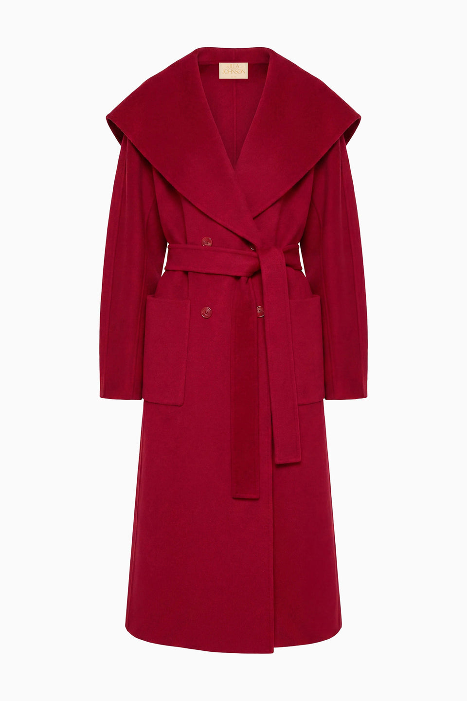 Cerise Luxury Wool Coat Styled with Lace Dress and Leather Gloves - Campaign Look | Ulla Johnson