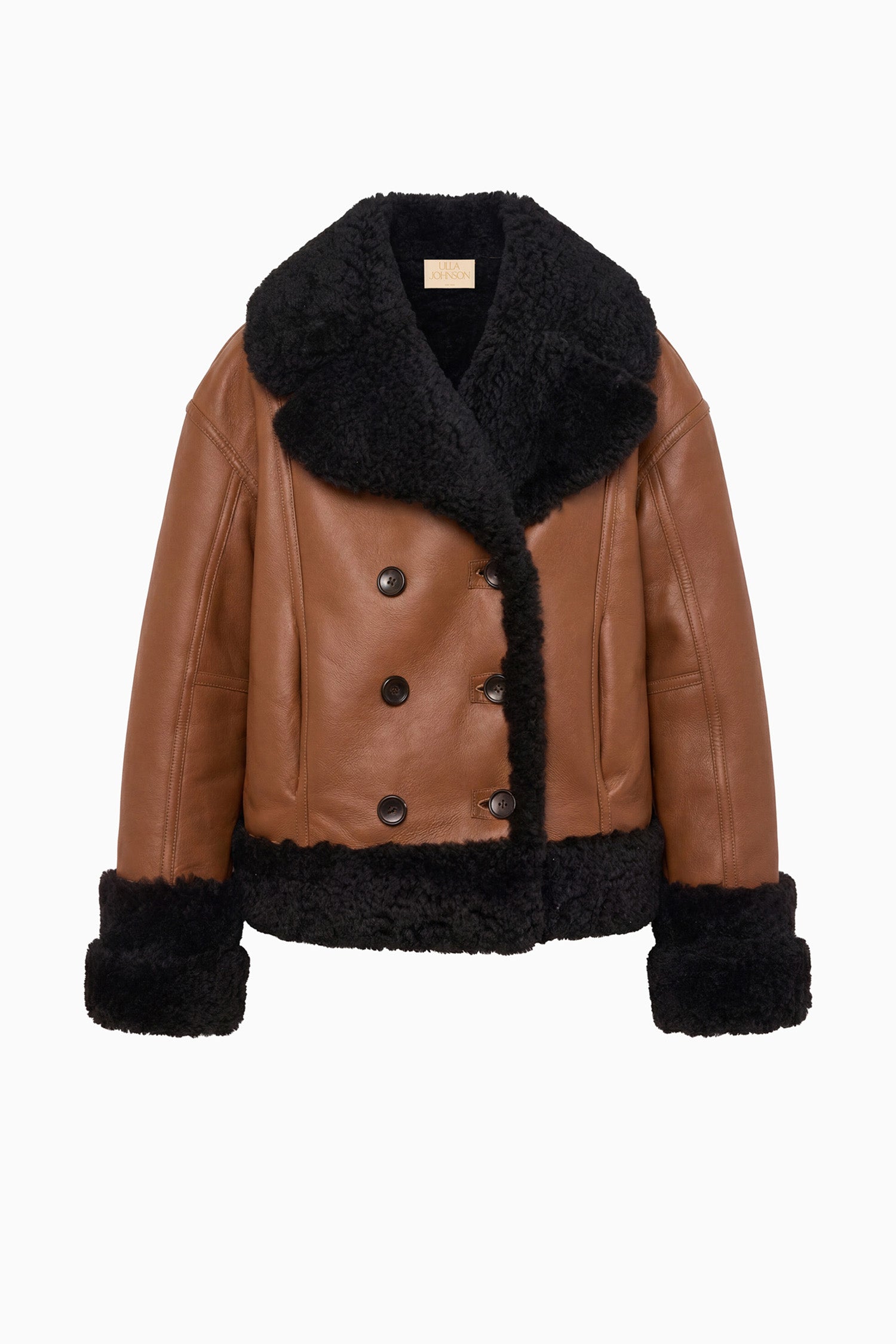 Ulla Johnson Tan Leather & Noir Shearling Reversible Coat - Flat Lay, Leather Side | Ulla Johnson