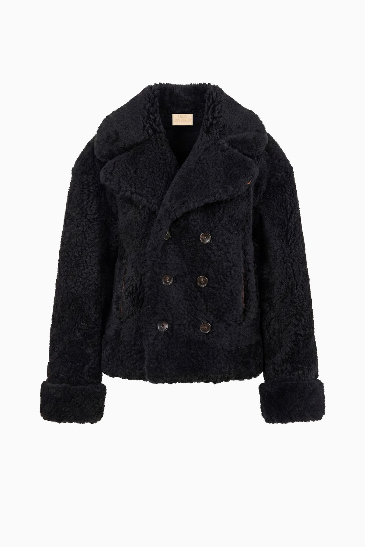 Noir Shearling Reversible Coat, Double-Breasted - Flat Lay, Shearling Side | Ulla Johnson