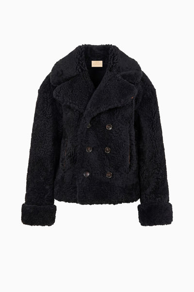 Noir Shearling Reversible Coat, Double-Breasted - Flat Lay, Shearling Side | Ulla Johnson