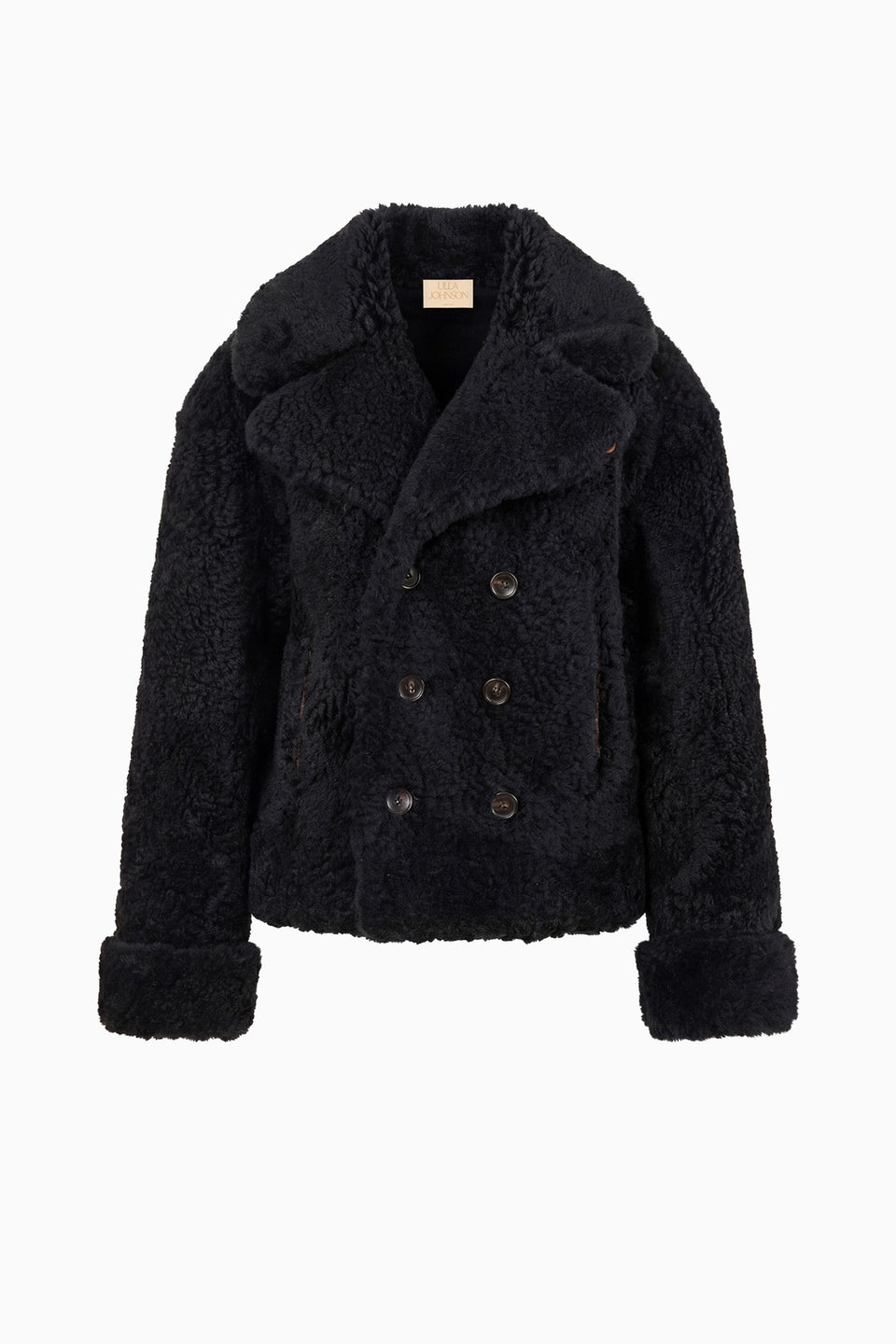 Noir Shearling Reversible Coat, Double-Breasted - Flat Lay, Shearling Side | Ulla Johnson