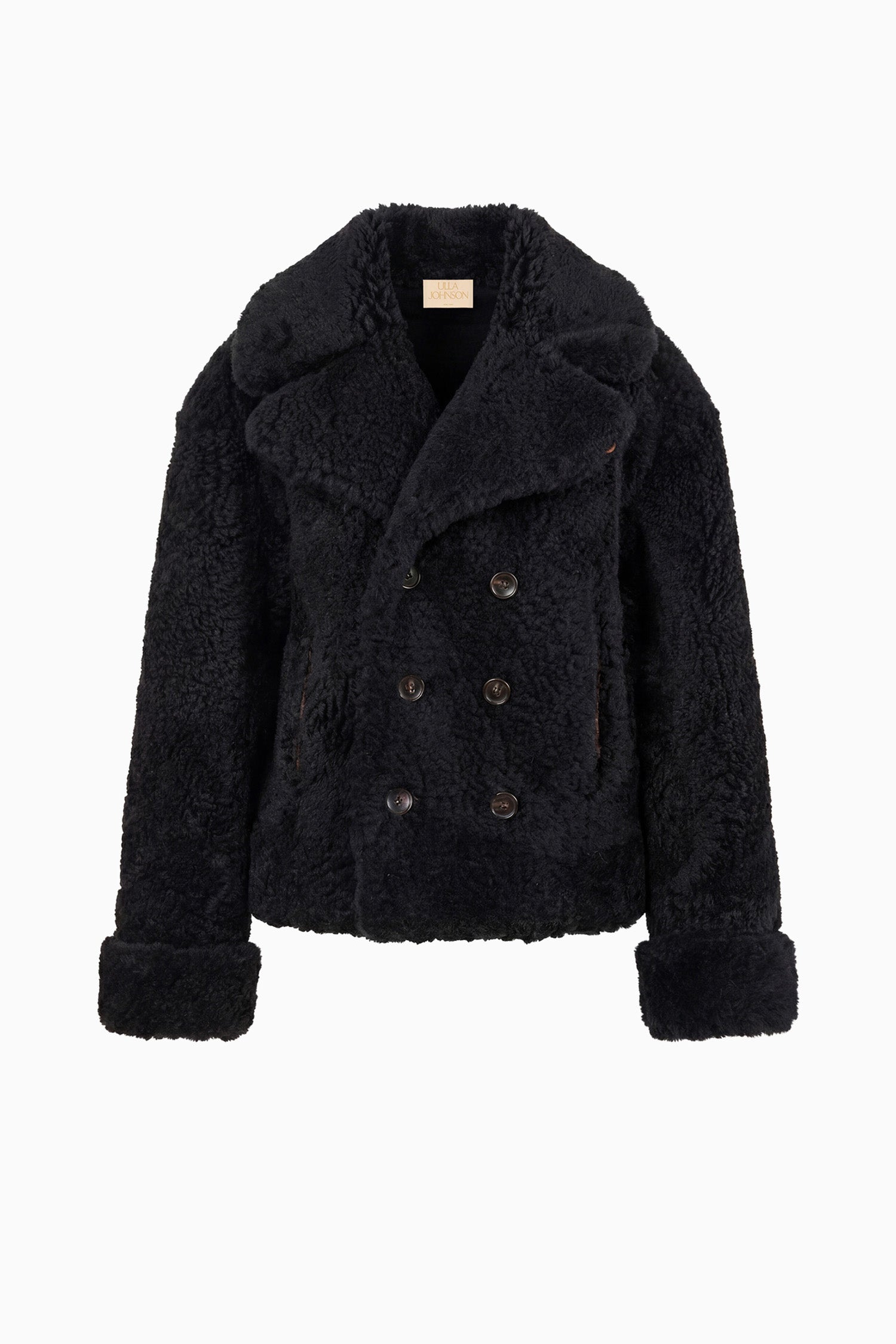 Ulla Johnson Noir Shearling Reversible Coat, Double-Breasted - Flat Lay, Shearling Side | Ulla Johnson
