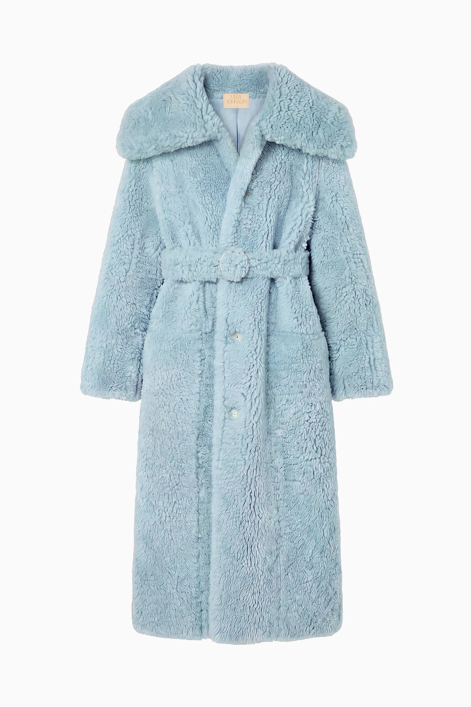 Turquoise Shearling Belted Overcoat - Flat Lay Front View | Ulla Johnson