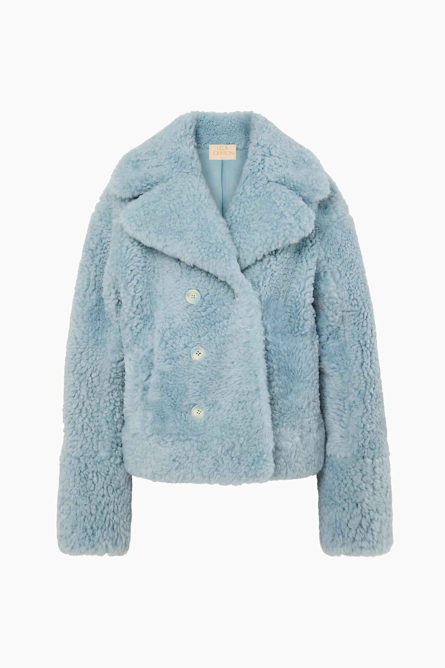 Ulla Johnson Beryl Blue Shearling Coat, Shearling Side - Flat Lay, Premium Double-Breasted | Ulla Johnson