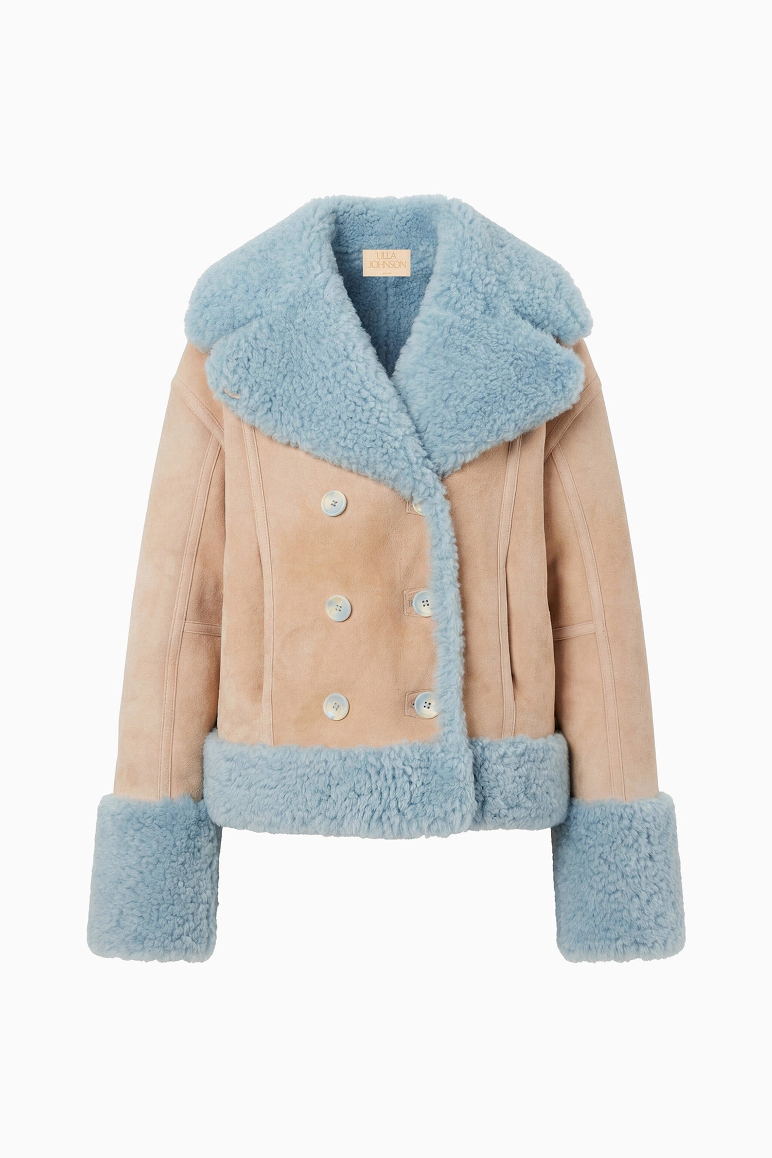 Ulla Johnson Beryl Reversible Shearling Coat, Suede Side - Flat Lay, Designer Double-Breasted | Ulla Johnson