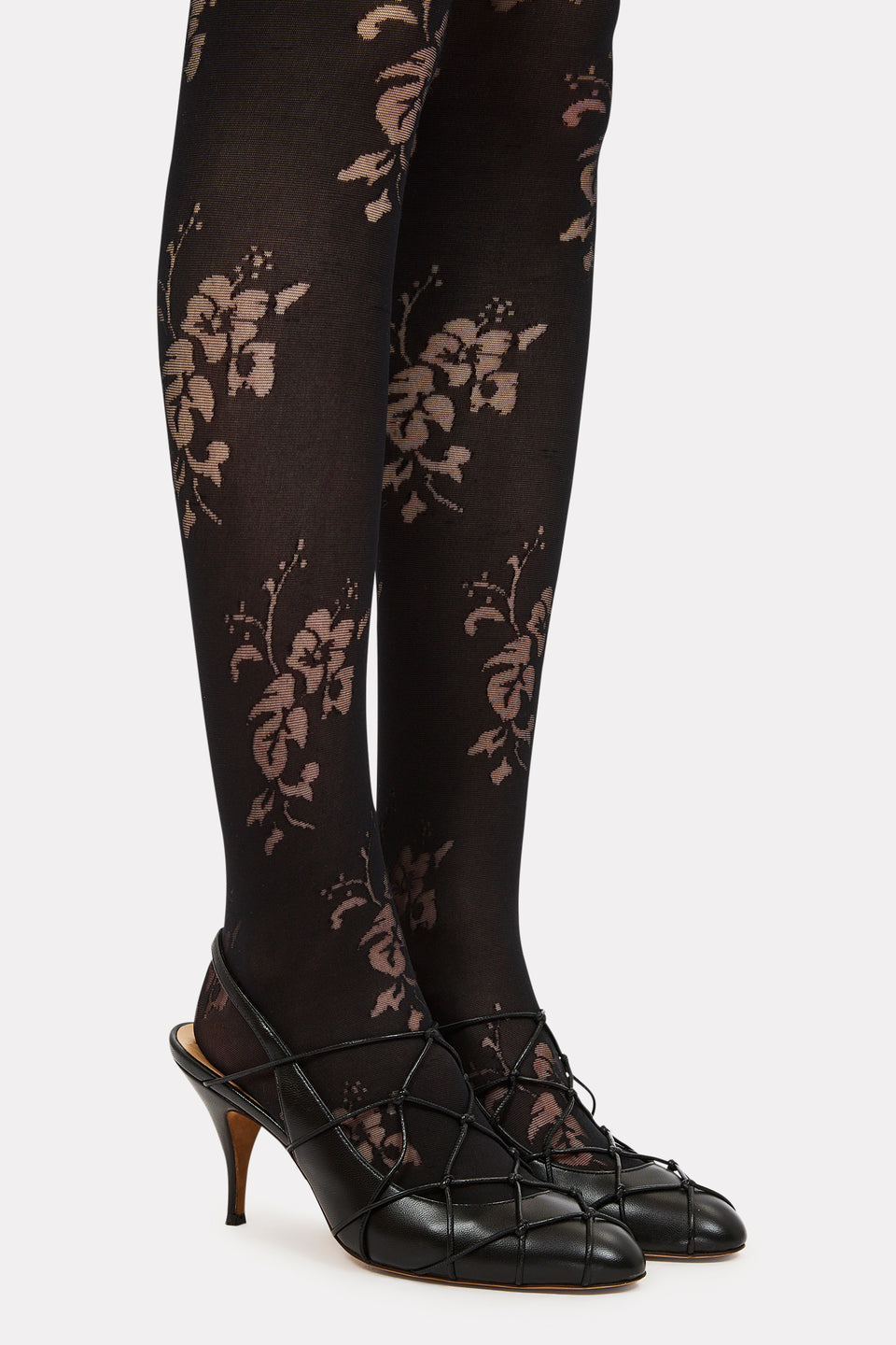 Black Tonal Bouquet Motif Tights, Close-Up Leg Detail with Heels | Ulla Johnson