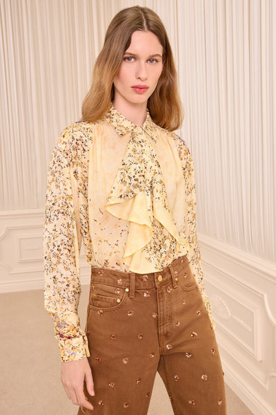Forsythia Silk Jacquard Bouquet Blouse - Three-Quarter On-Model View | Ulla Johnson