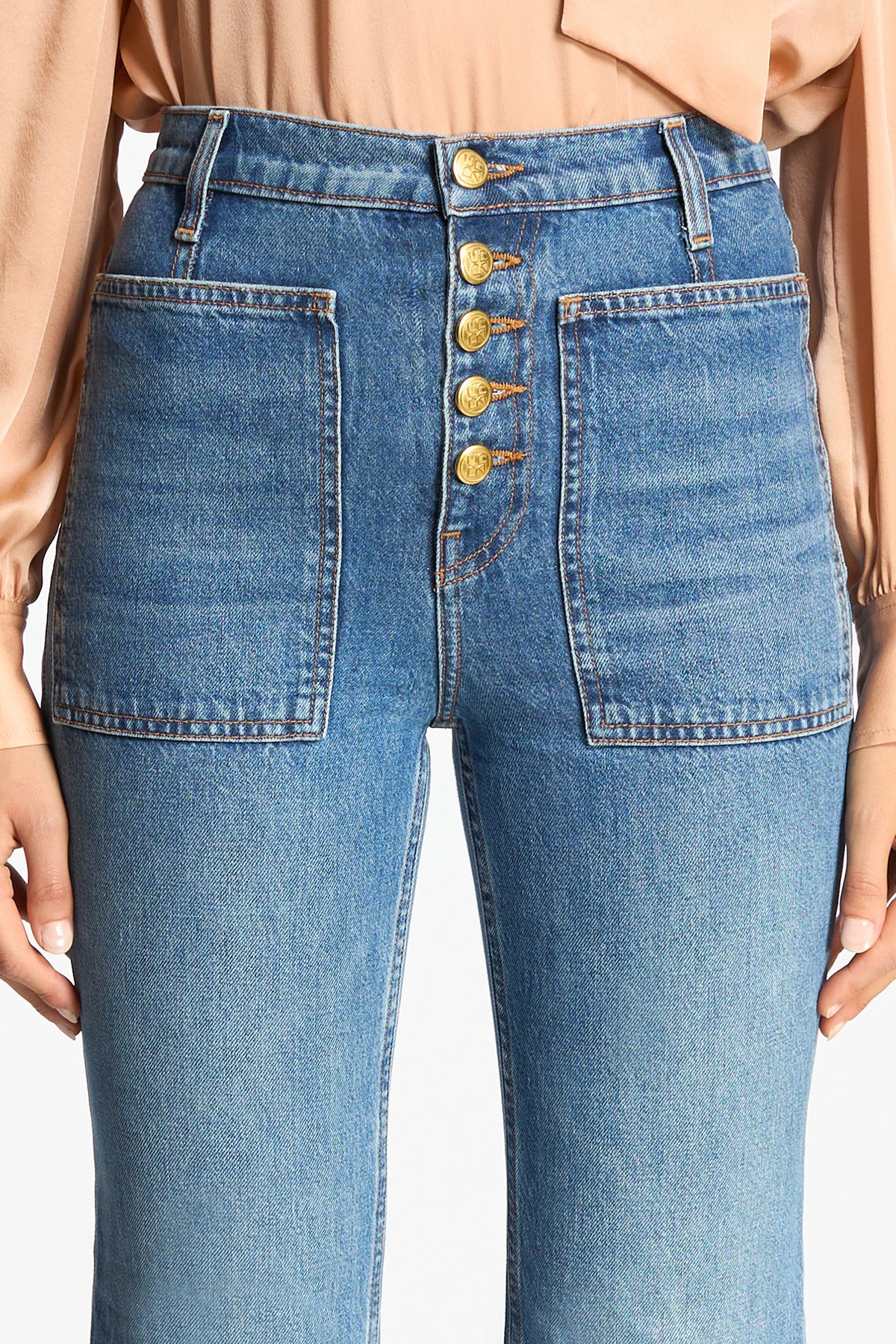Blue Denim Lou Jean High-Waisted Jeans - Front Button Detail Close-Up | Ulla Johnson