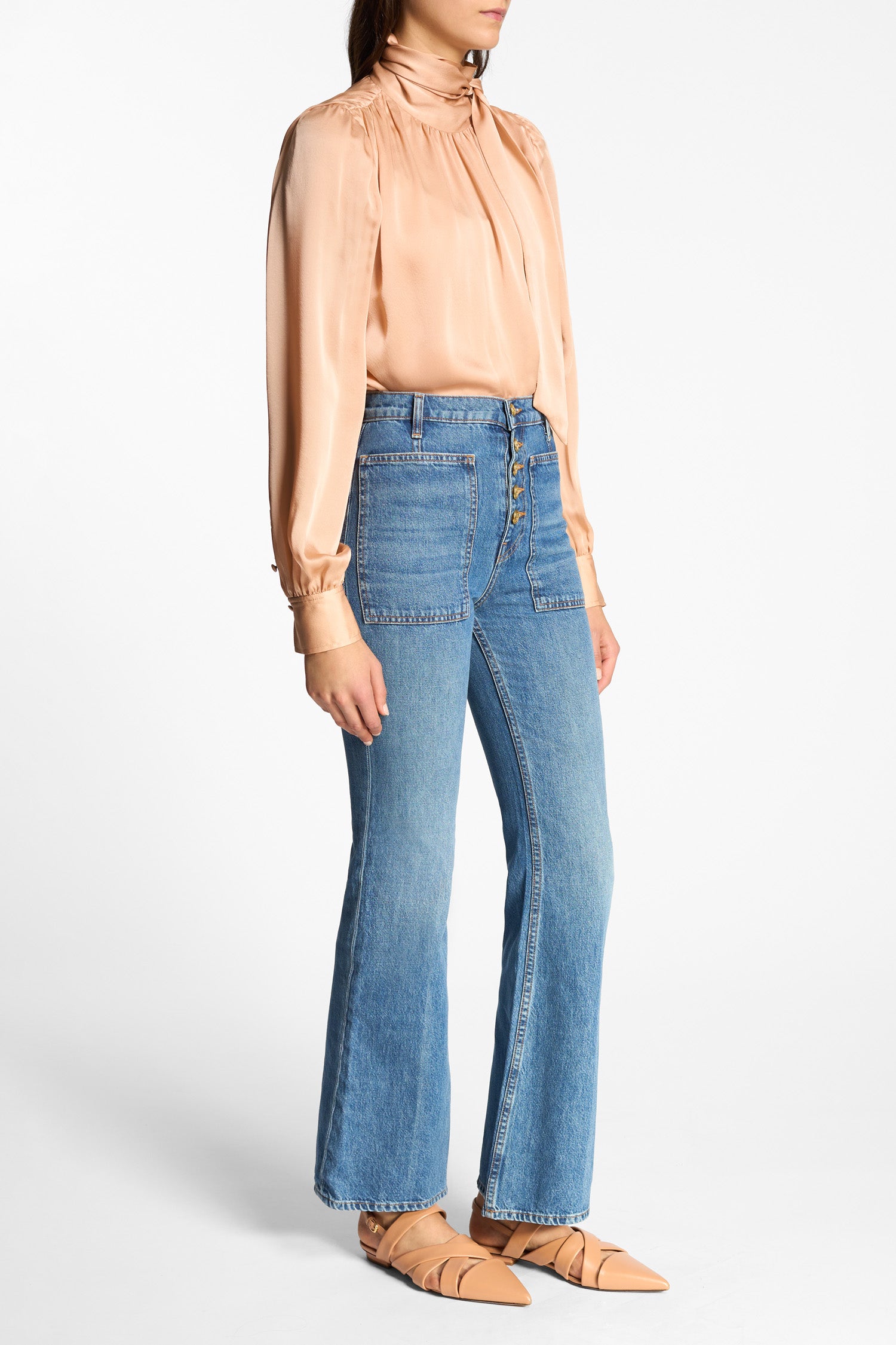 Ulla Johnson High-Waisted Denim Lou Jean with Button Fly - Three Quarter View On Model | Ulla Johnson