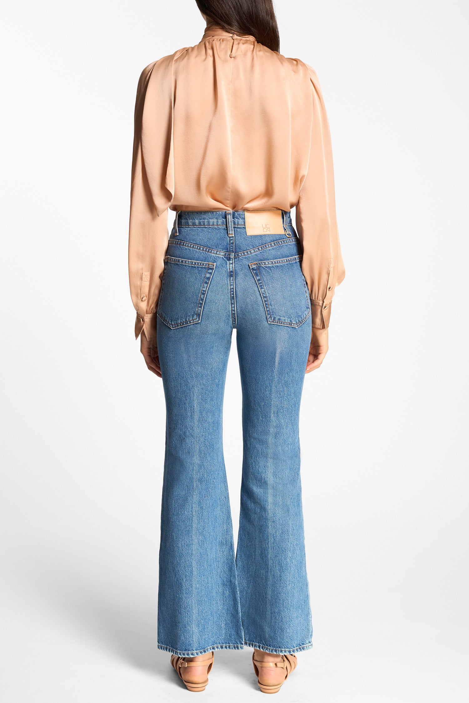 Ulla Johnson Danube Wash Lou Jean Flare Denim - Back View On Model | Ulla Johnson