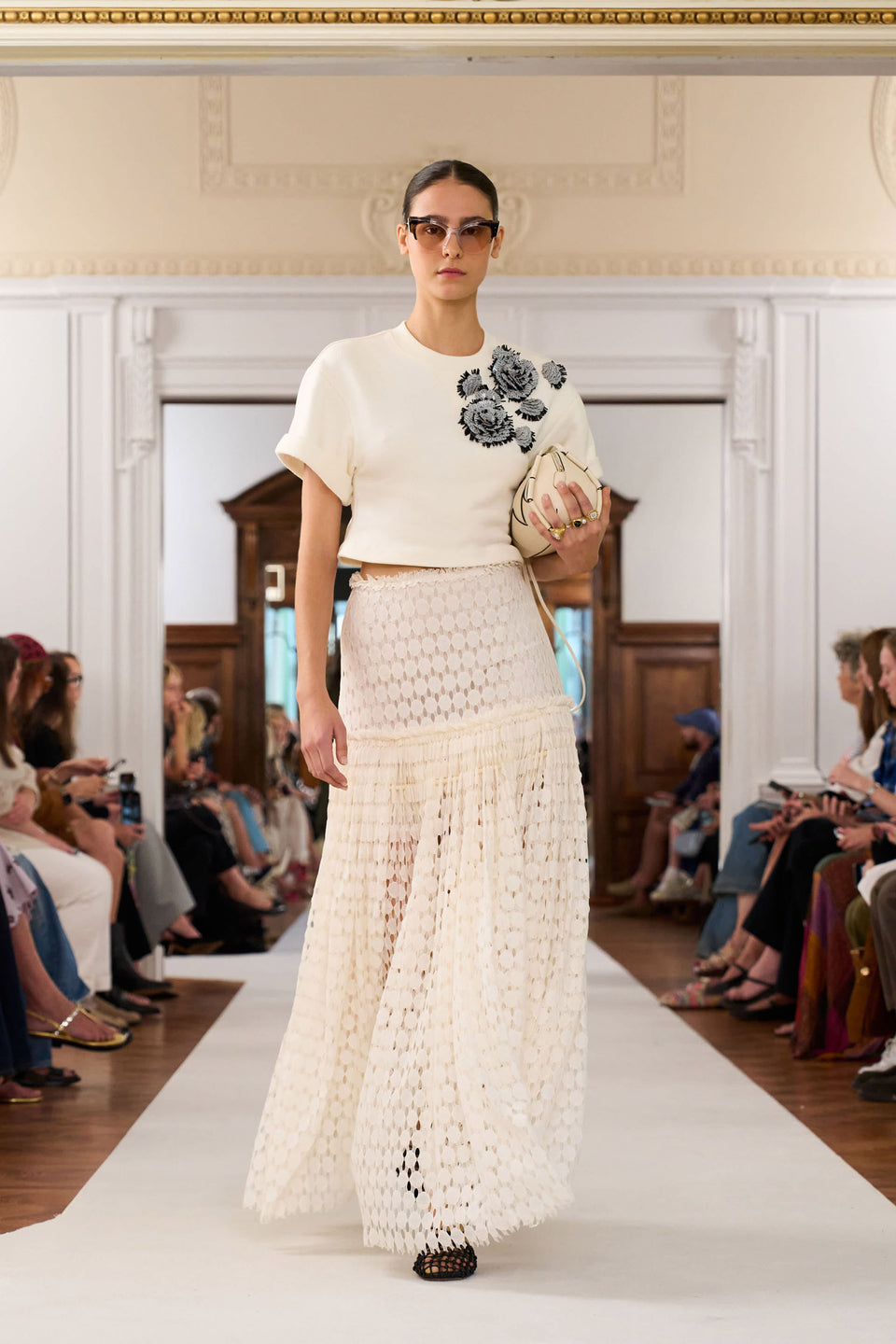 Cowrie Charlotte Camera Bag SS26 Runway Look - Carried with Lace Maxi Skirt | Ulla Johnson