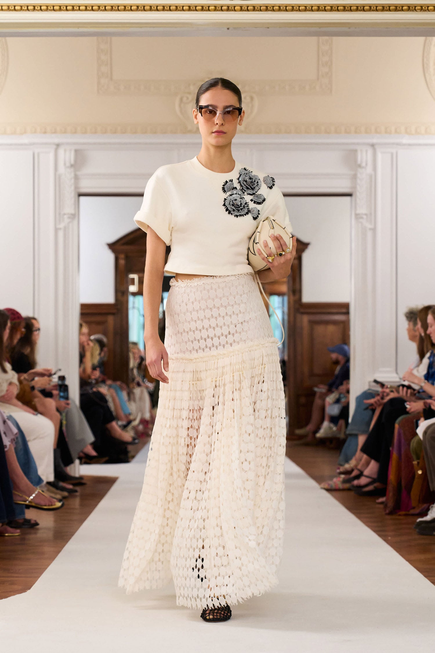 Ulla Johnson Cowrie Charlotte Camera Bag SS26 Runway Look - Carried with Lace Maxi Skirt | Ulla Johnson