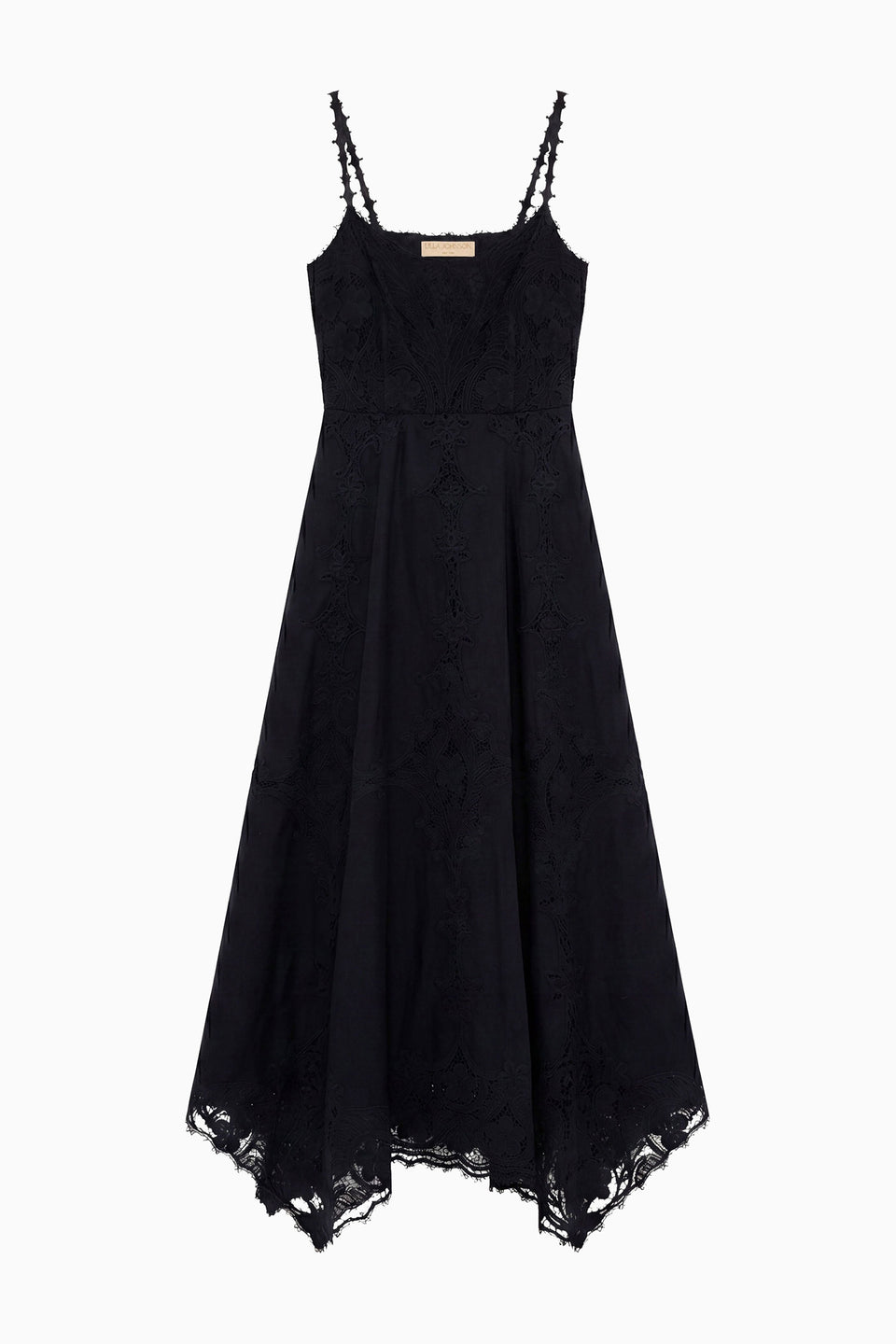 Black Flora Cami Linen Dress, tonal geometric embroidery, handkerchief hem - Flat Lay | Ulla Johnson