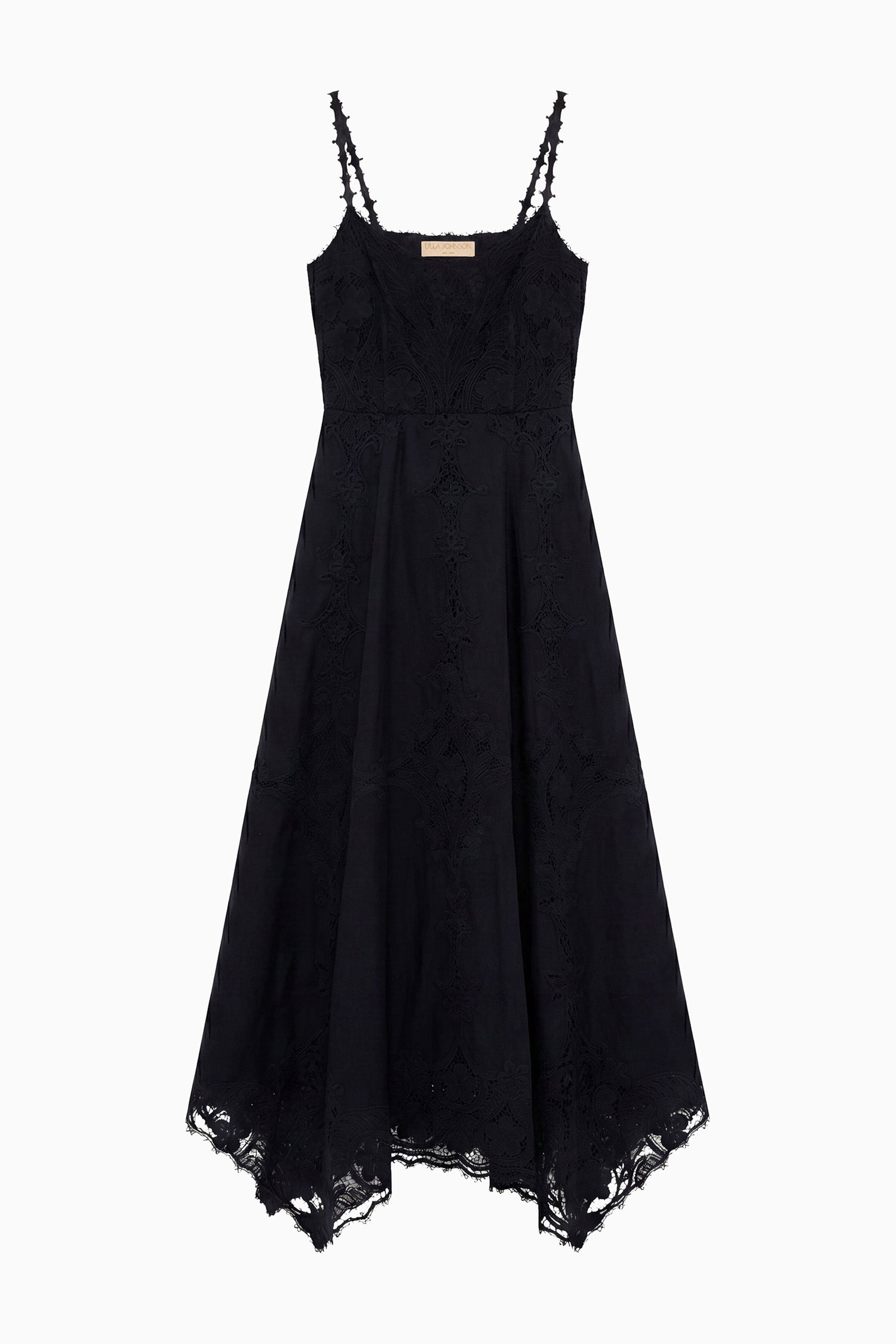 Ulla Johnson Black Flora Cami Linen Dress, tonal geometric embroidery, handkerchief hem - Flat Lay | Ulla Johnson