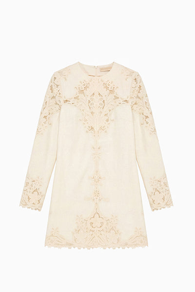 ⁣⁢Avorio Abito mini in lino ricamato - Piatto, dettaglio inserzione pizzo designer | Ulla Johnson⁤⁣