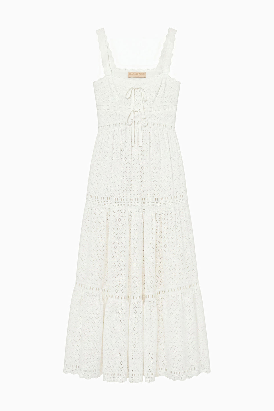 Pristine White Cotton Eyelet Tiered Maxi Dress, Tie Detail & Flat Lay | Ulla Johnson