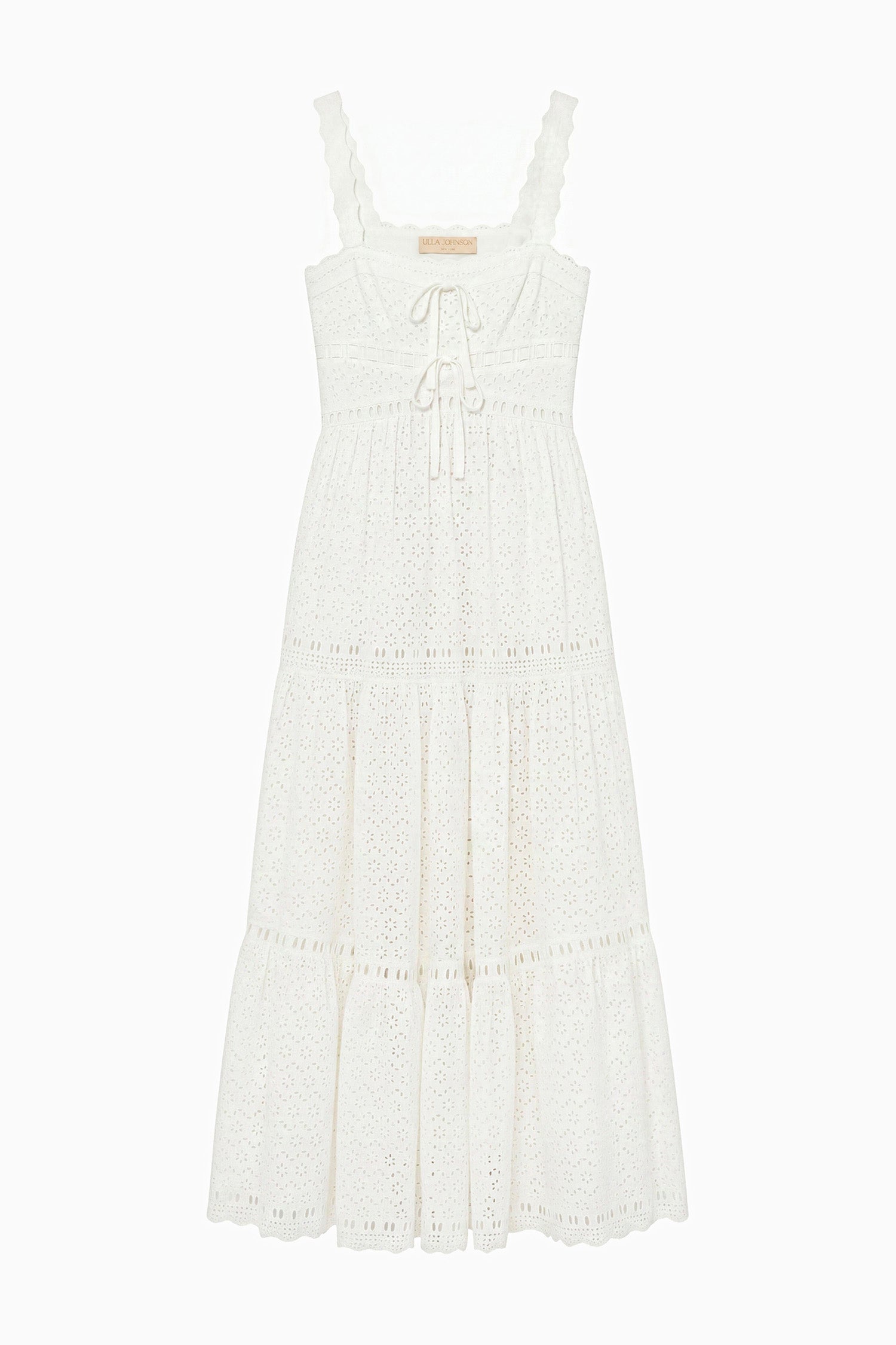 Ulla Johnson Pristine White Cotton Eyelet Tiered Maxi Dress, Tie Detail & Flat Lay | Ulla Johnson