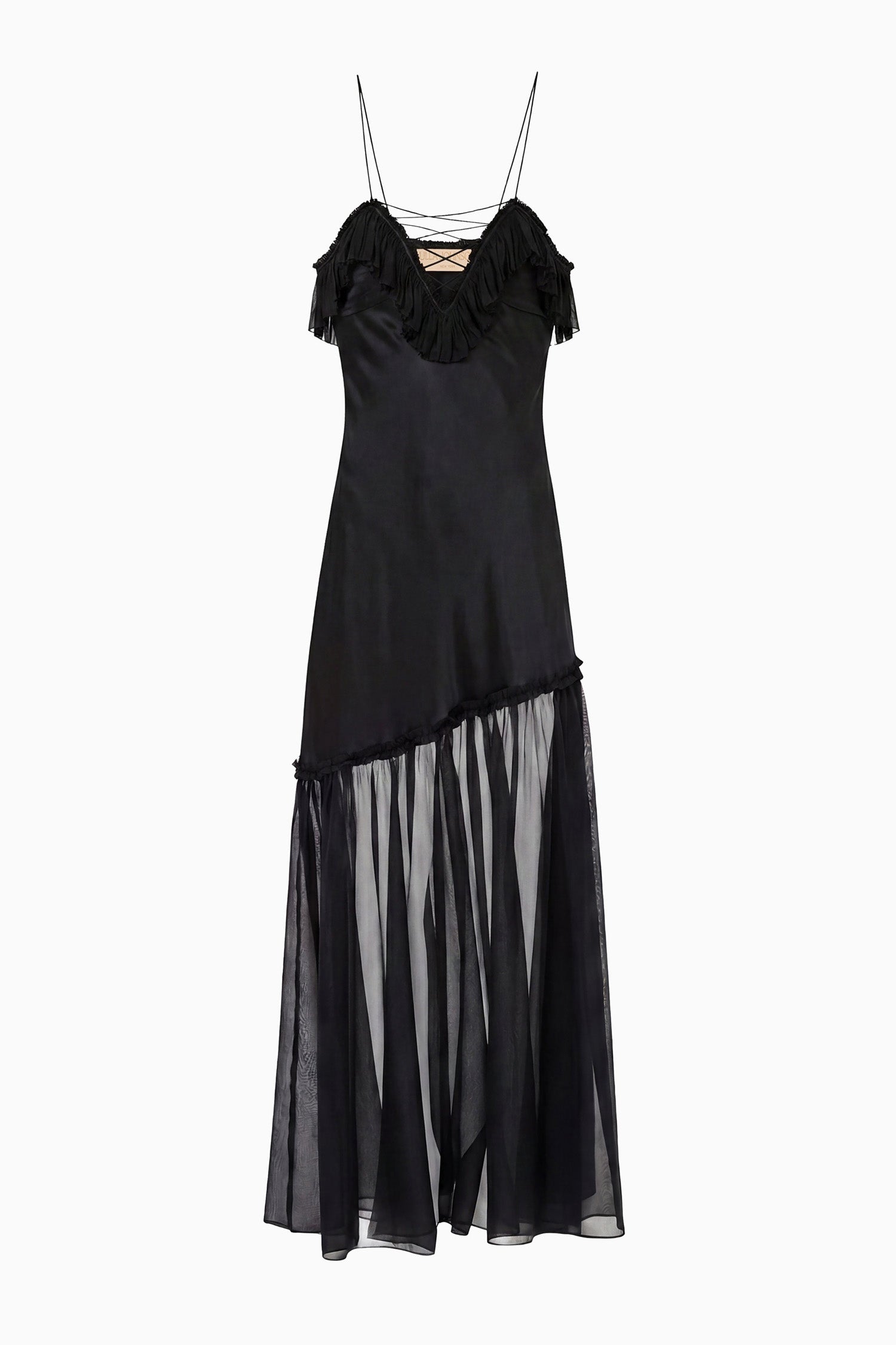 Ulla Johnson Noir Silk Satin Lace-Up Cami Gown, Sheer Chiffon Hem - Flat Lay | Ulla Johnson