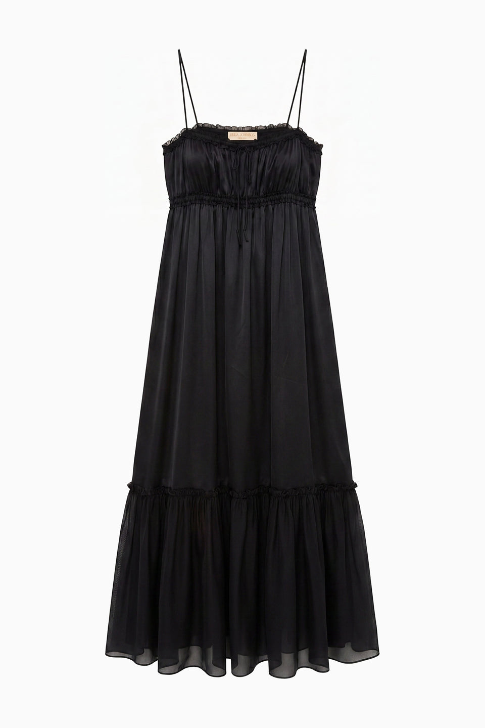 Noir Washed Silk-Satin Cami Dress with Chiffon Ruffle Hem - Flat Lay | Ulla Johnson