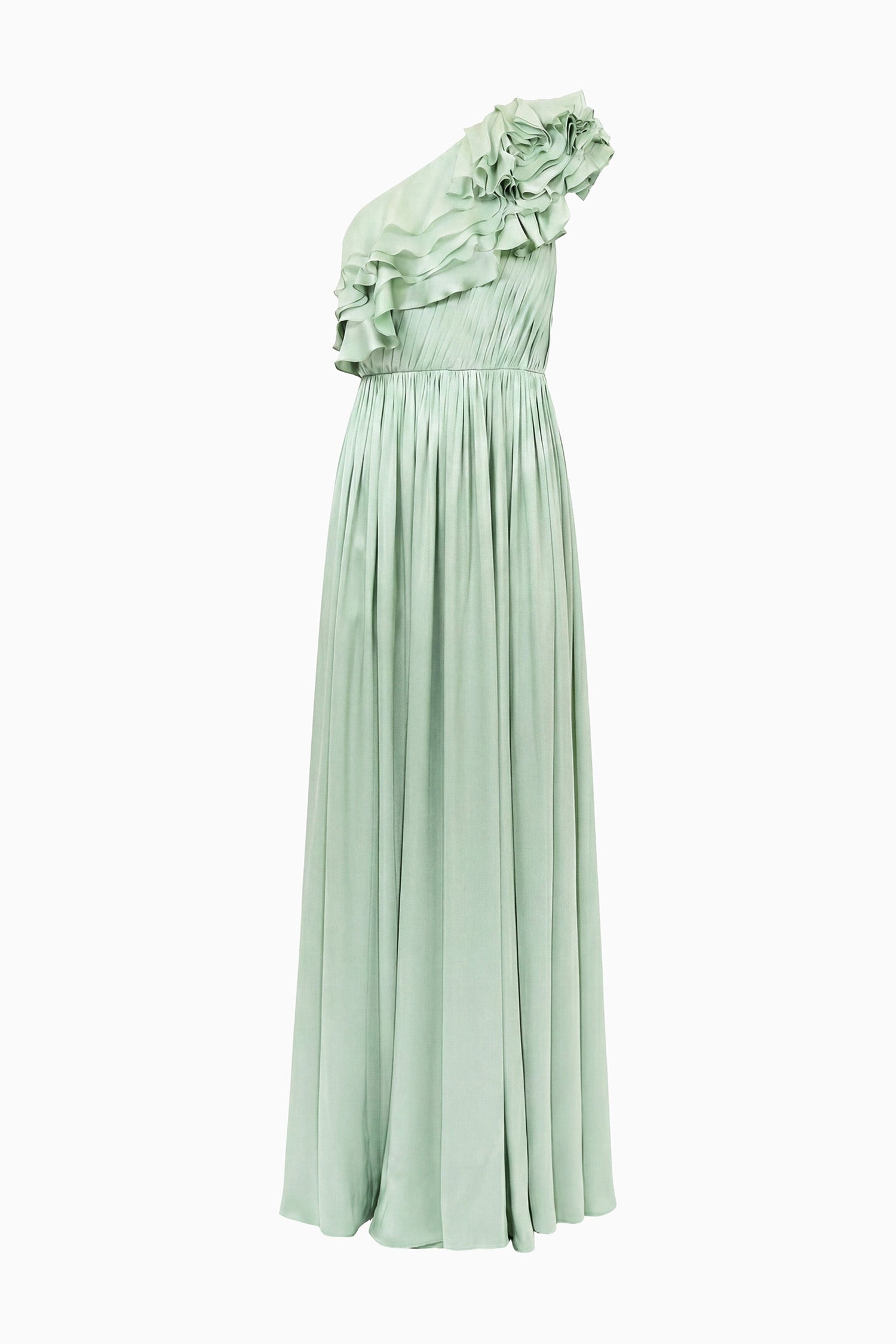 Ulla Johnson Celadon Ruffled Silk One Shoulder Gown - Side View on White Background | Ulla Johnson