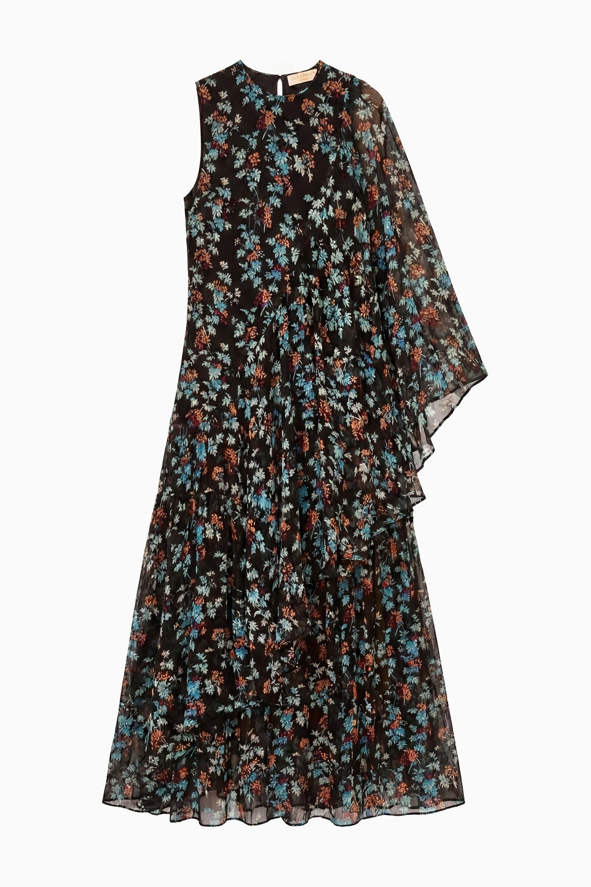 Nightshade Luxury Silk Asymmetrical Dress - Flat Lay with Cascading Cape Panel | Ulla Johnson