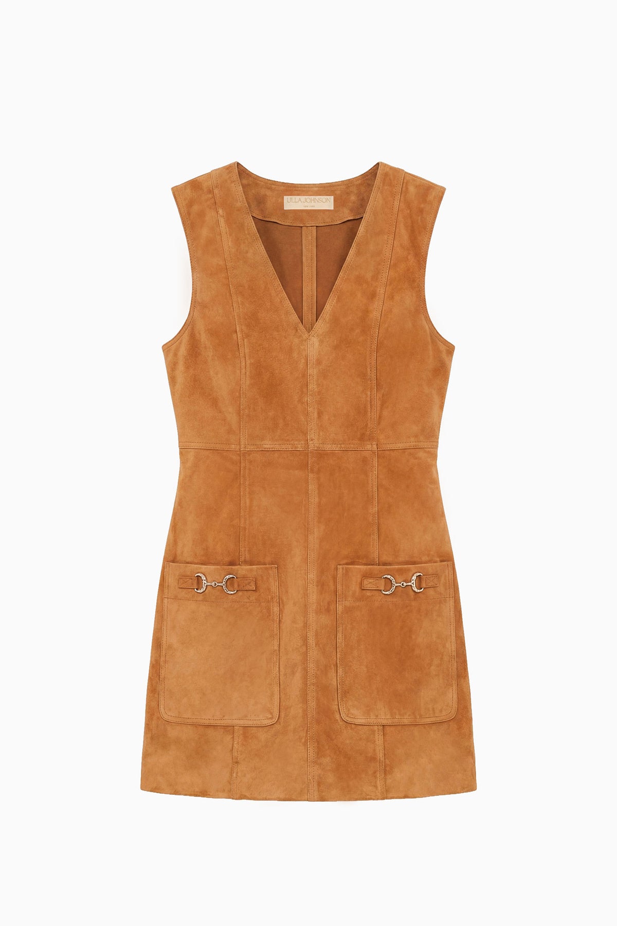Cognac Suede V-Neck Mini Dress with Patch Pockets - Flat Lay | Ulla Johnson