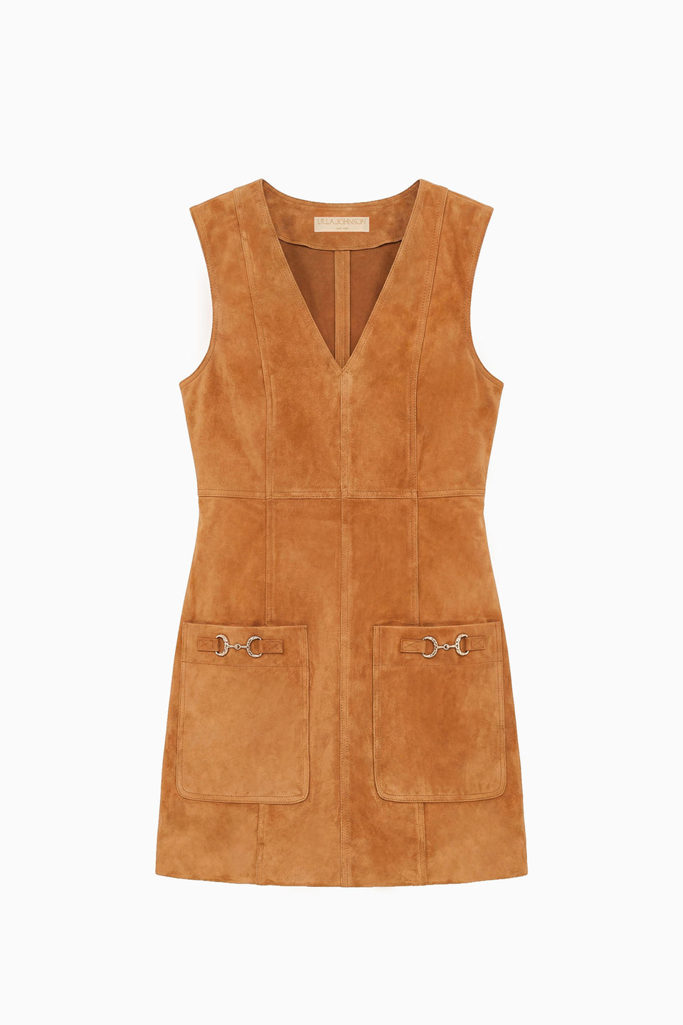 Cognac Suede V-Neck Mini Dress with Patch Pockets - Flat Lay | Ulla Johnson