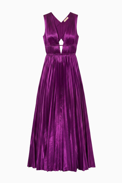Amaranth Designer Purple Satin Pleated Gown - Flat Lay, V-Neckline and Gathered Bodice | Ulla Johnson