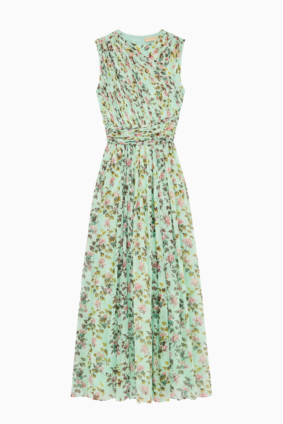 Opaline Floral Print Silk Chiffon Designer Midi Dress - Flat Lay | Ulla Johnson