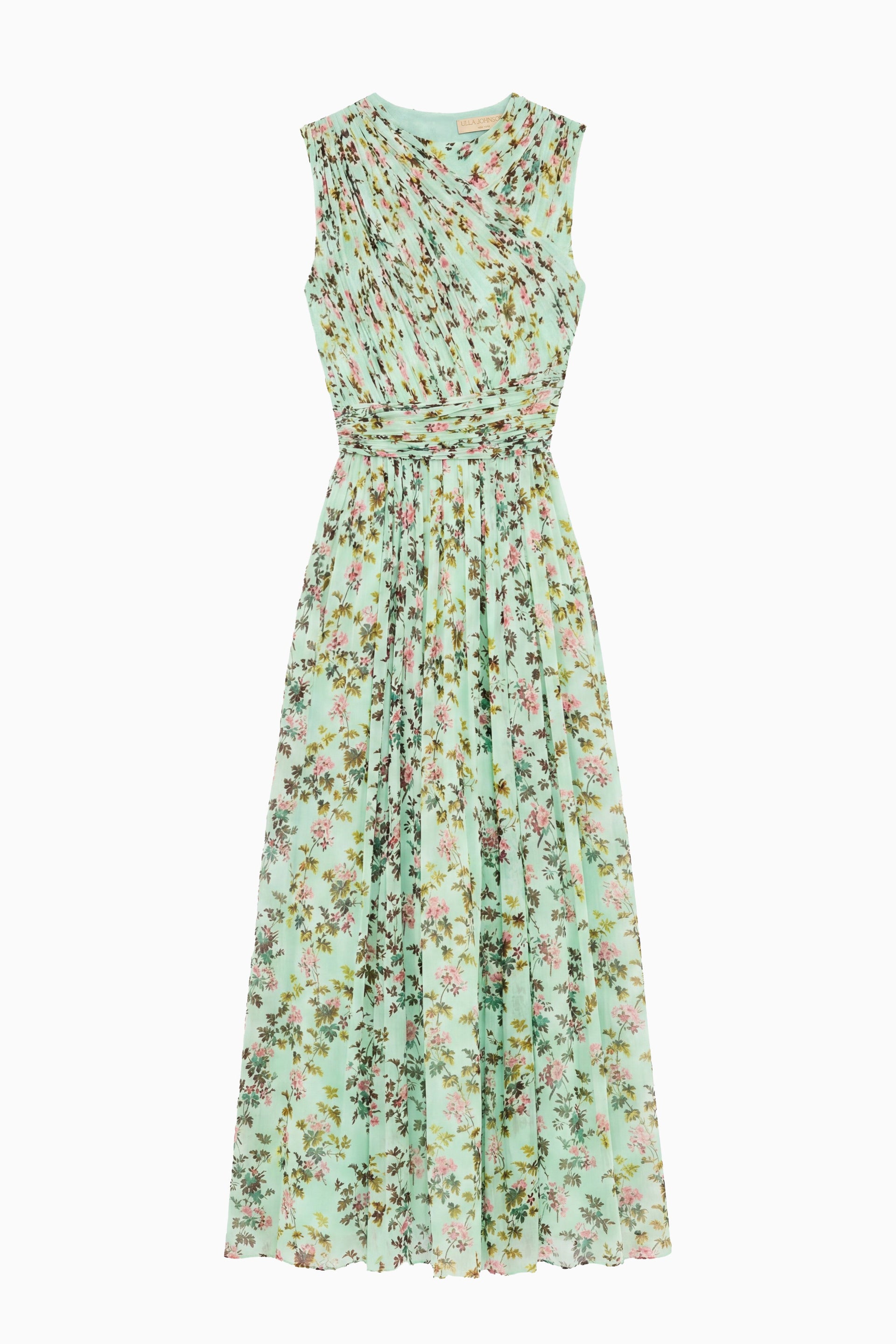 Ulla Johnson Opaline Floral Print Silk Chiffon Designer Midi Dress - Flat Lay | Ulla Johnson