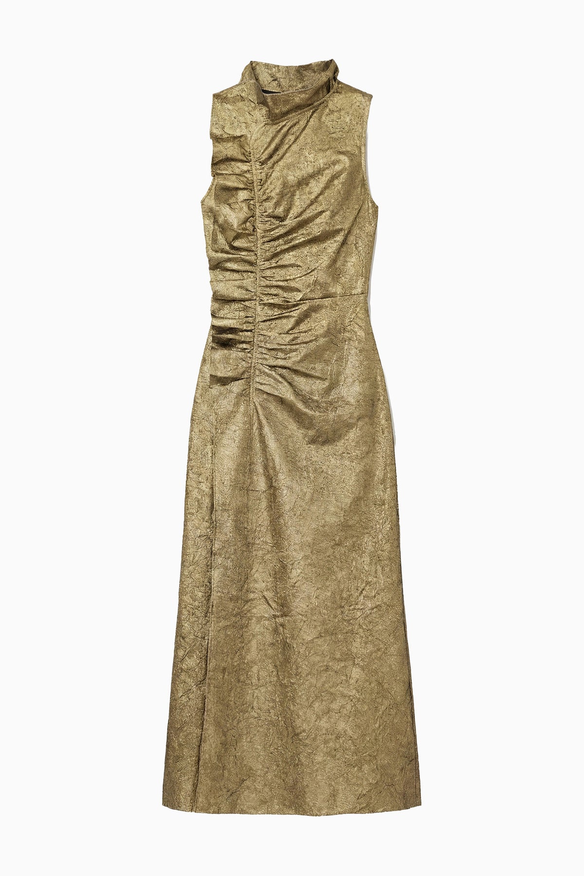 Light Gold Ruched Taffeta Midi Dress - Flat Lay | Ulla Johnson