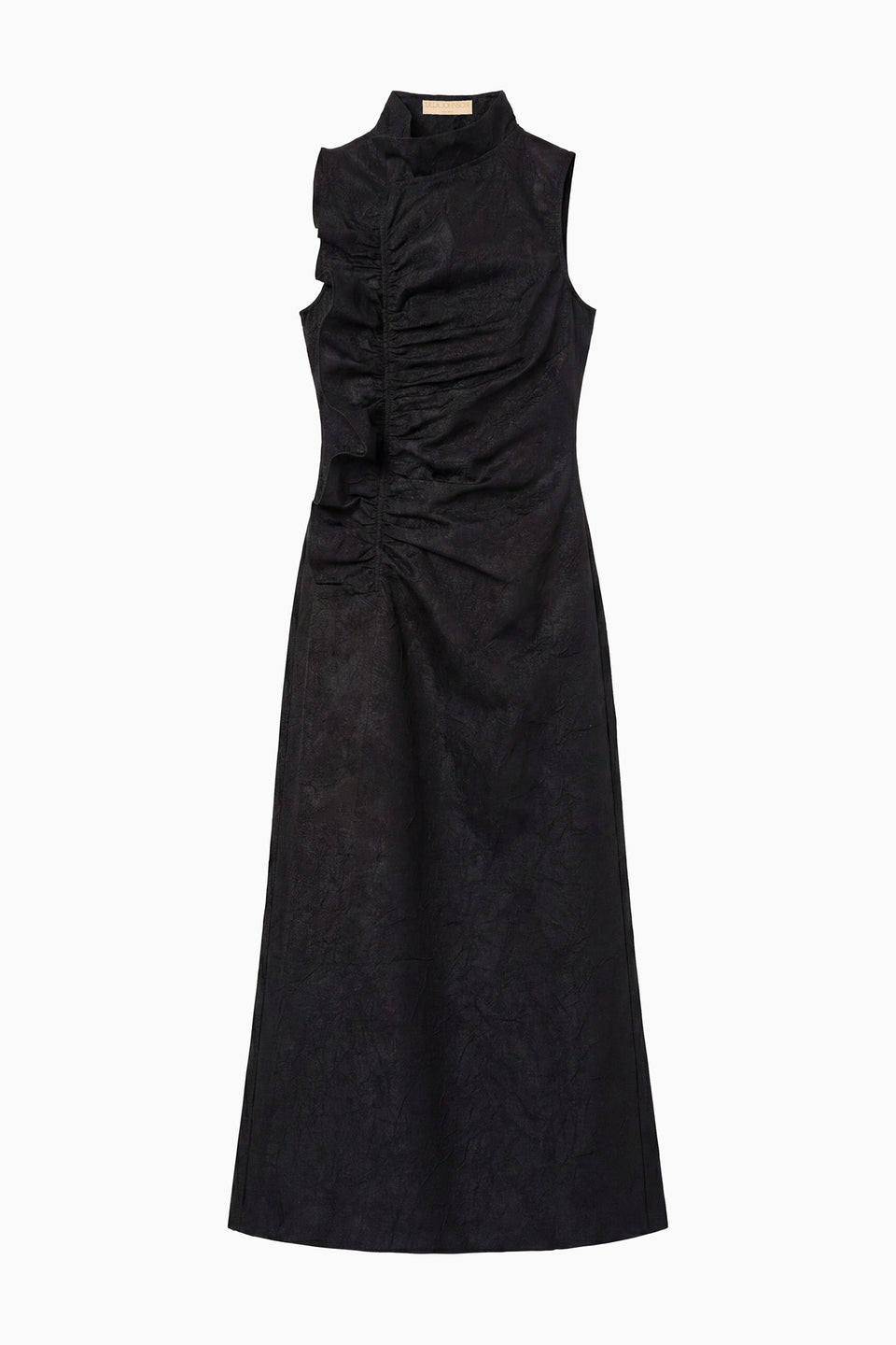 Obsidian Black Taffeta Midi Dress - Flat Lay, Ruched Front Detail | Ulla Johnson