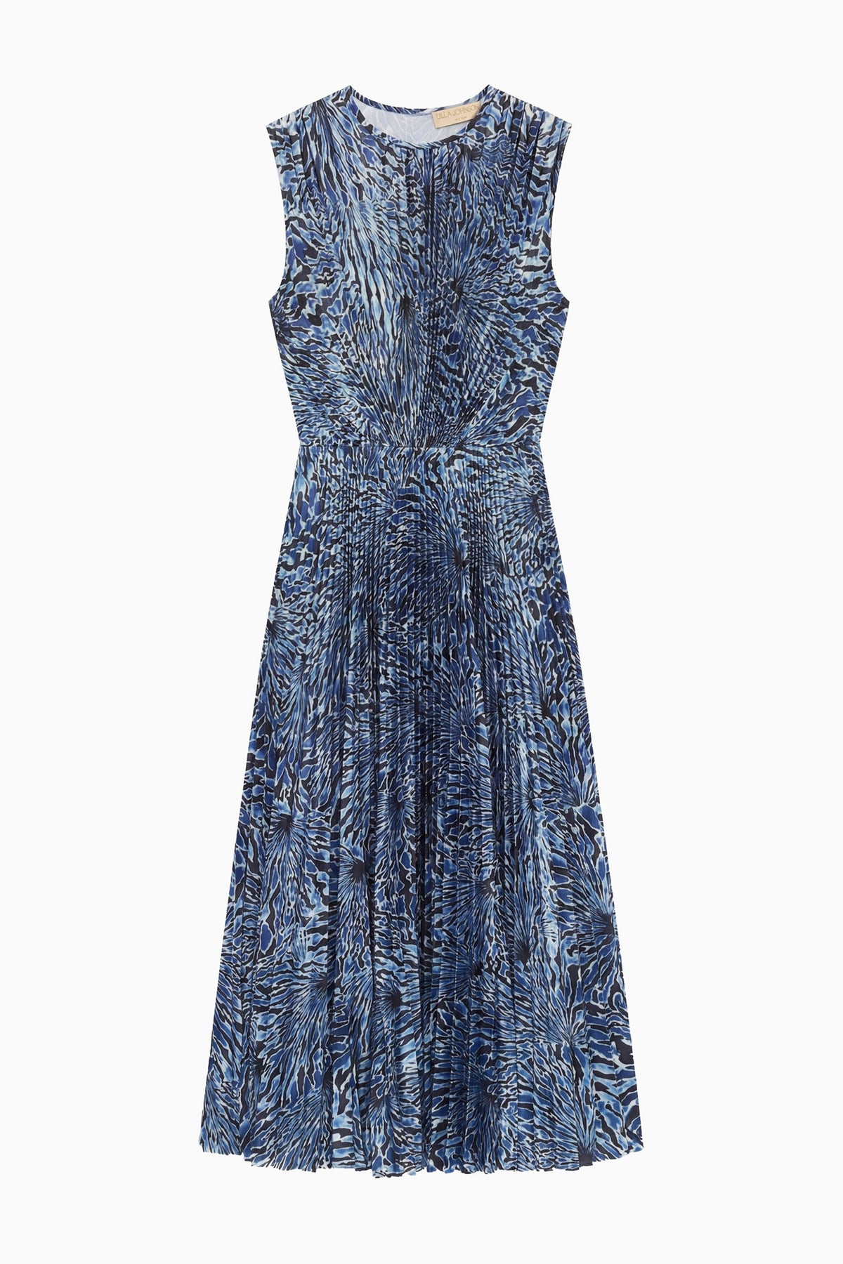 Lapis High-Shine Satin Pleated Midi Dress - Editorial Styled Look on Staircase | Ulla Johnson