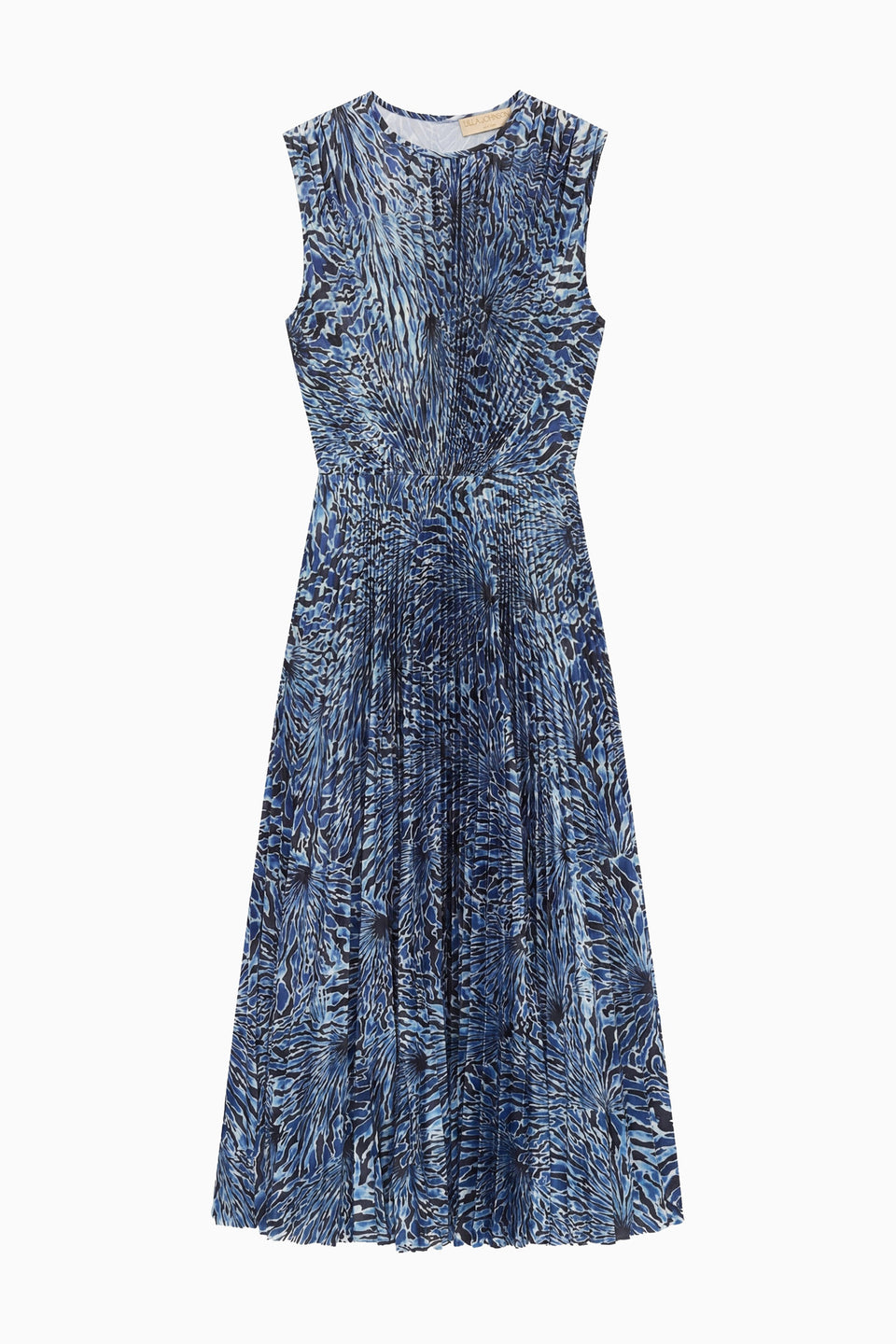 Lapis High-Shine Satin Pleated Midi Dress - Editorial Styled Look on Staircase | Ulla Johnson