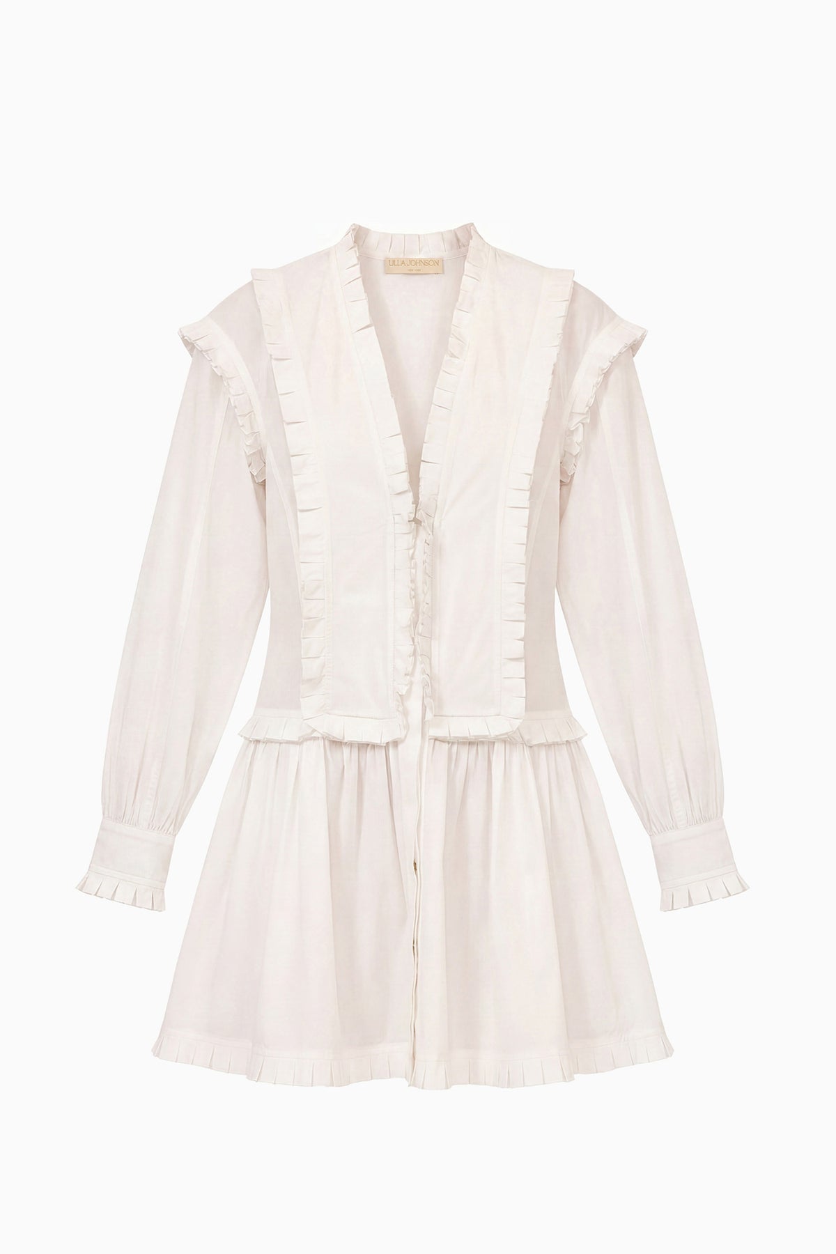 White Cotton Poplin Mini Dress, Pleated Ruffle Trim, Long Sleeve - Flat Lay | Ulla Johnson