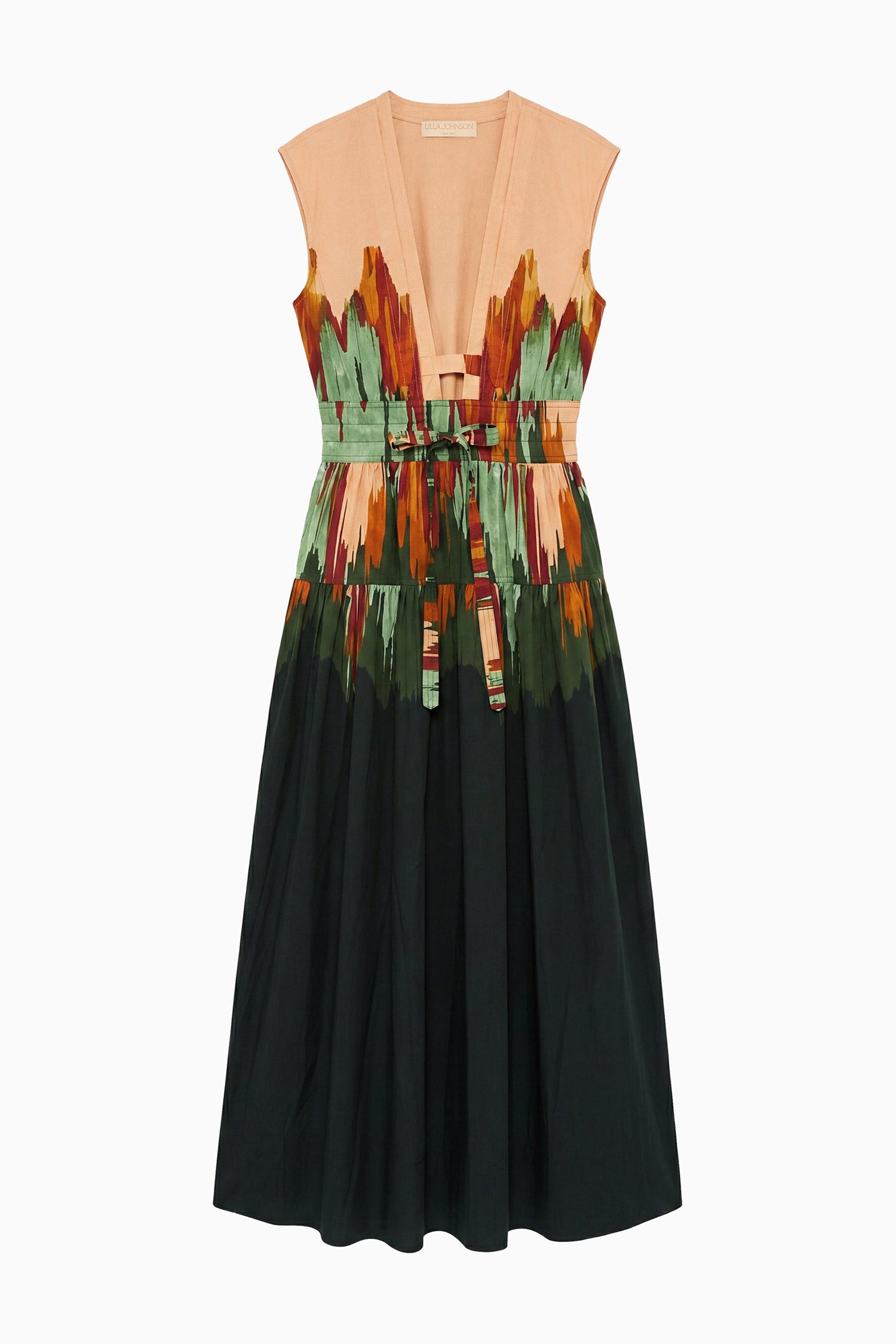 Ulla Johnson Agate Ikat-Print Cotton Midi Dress, Deep V Neckline - Flat Lay | Ulla Johnson