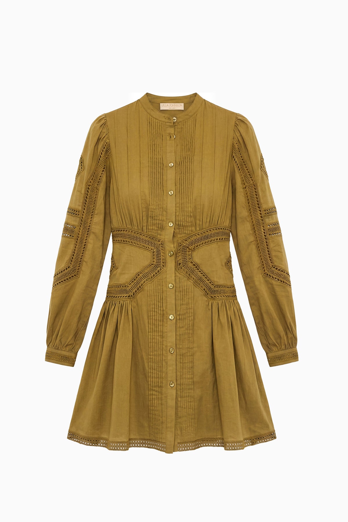 ⁣⁢Vestido mini de voile de algodón Lichen con ribete de encaje y frente de botones - Vista plana | Ulla Johnson⁤⁣
