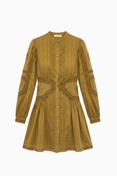 ⁣⁢Vestido mini de voile de algodón Lichen con ribete de encaje y frente de botones - Vista plana | Ulla Johnson⁤⁣