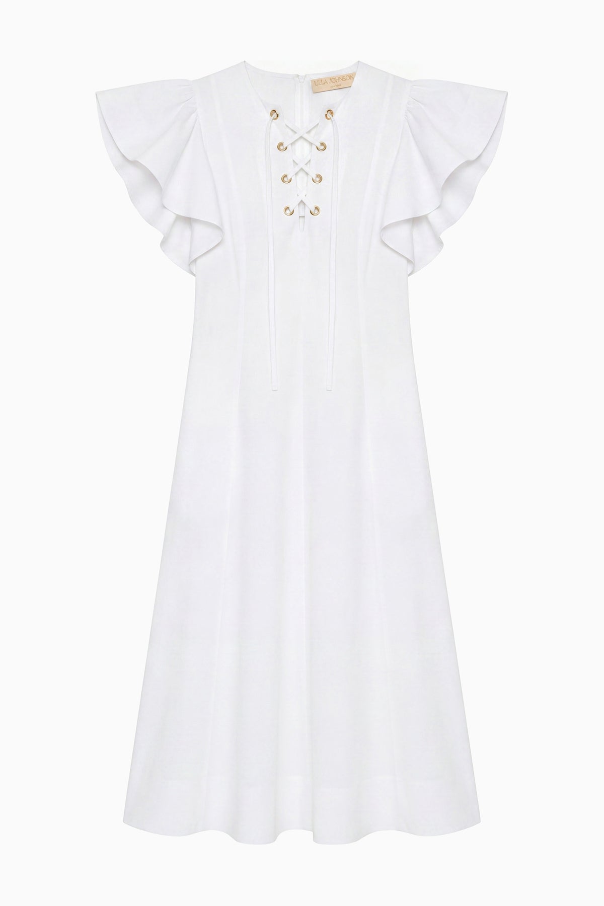 Cowrie White Designer Cotton Midi Dress with Ruffle Sleeves & Lace-Up Bodice - Flat Lay | Ulla Johnson