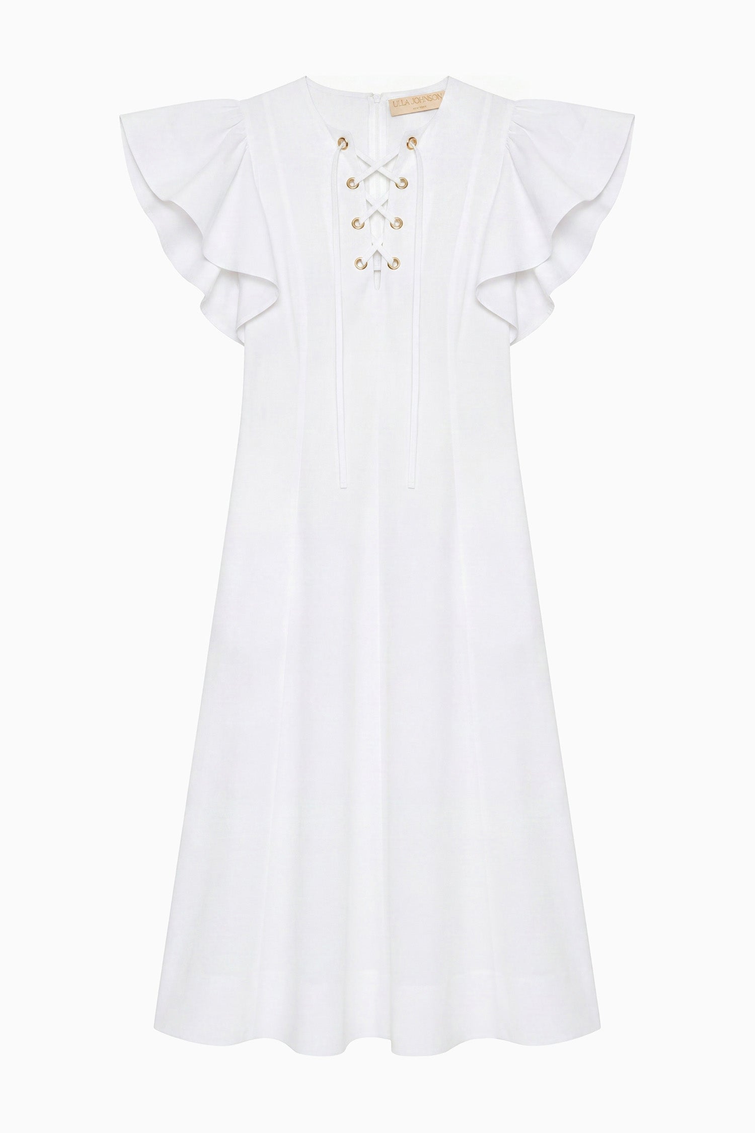 Ulla Johnson Cowrie White Designer Cotton Midi Dress with Ruffle Sleeves & Lace-Up Bodice - Flat Lay | Ulla Johnson