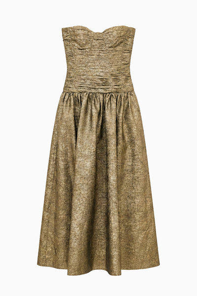 Light Gold Crinkle Taffeta Strapless Midi Dress - Flat Lay, Pleated Skirt | Ulla Johnson