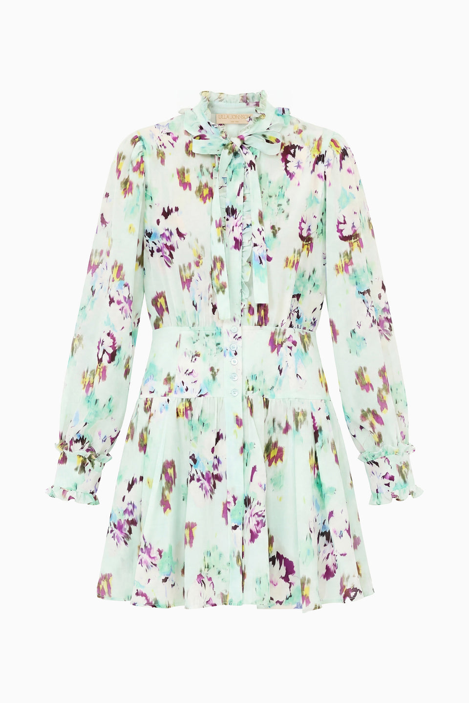 Oasis Ikat Floral Luxury Silk Mini Dress - Flat Lay Front | Ulla Johnson