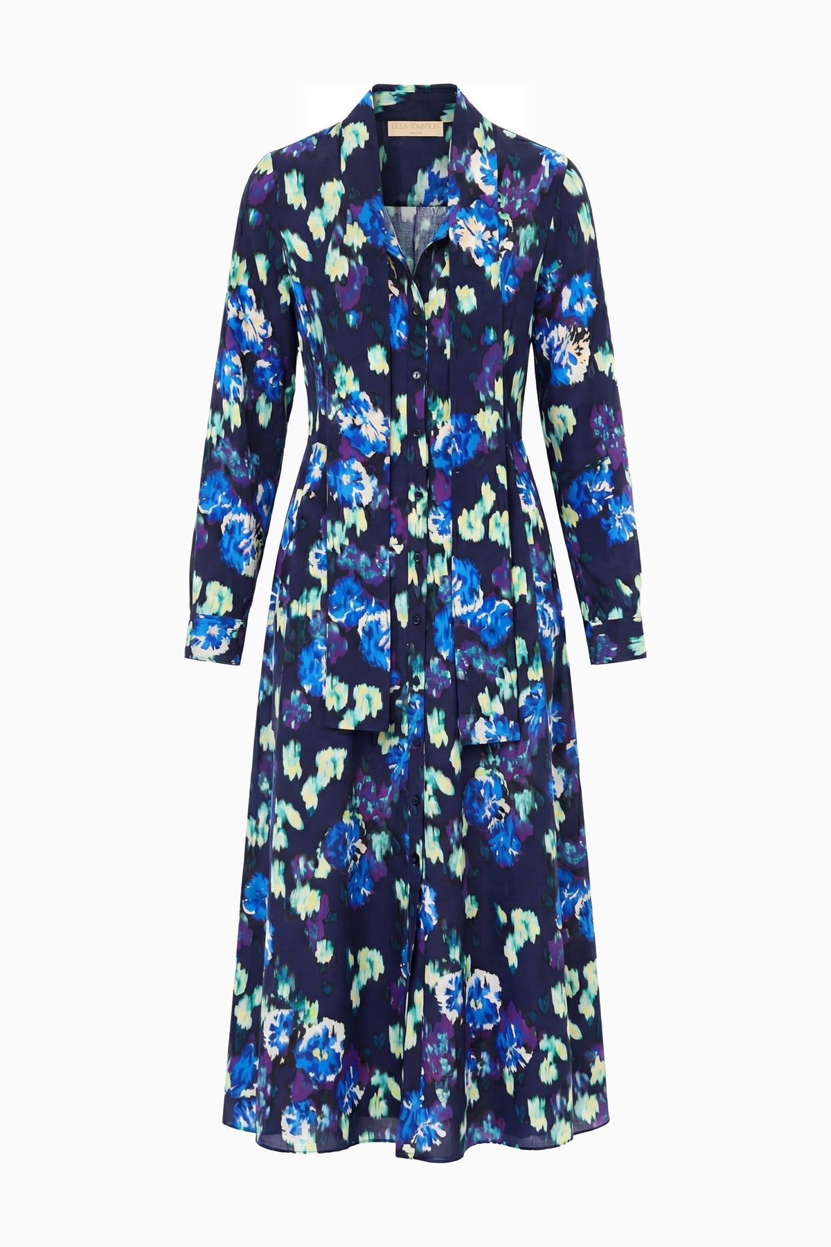 Navy Ikat Floral Silk Evanthe Designer Midi Dress - Flat Lay | Ulla Johnson