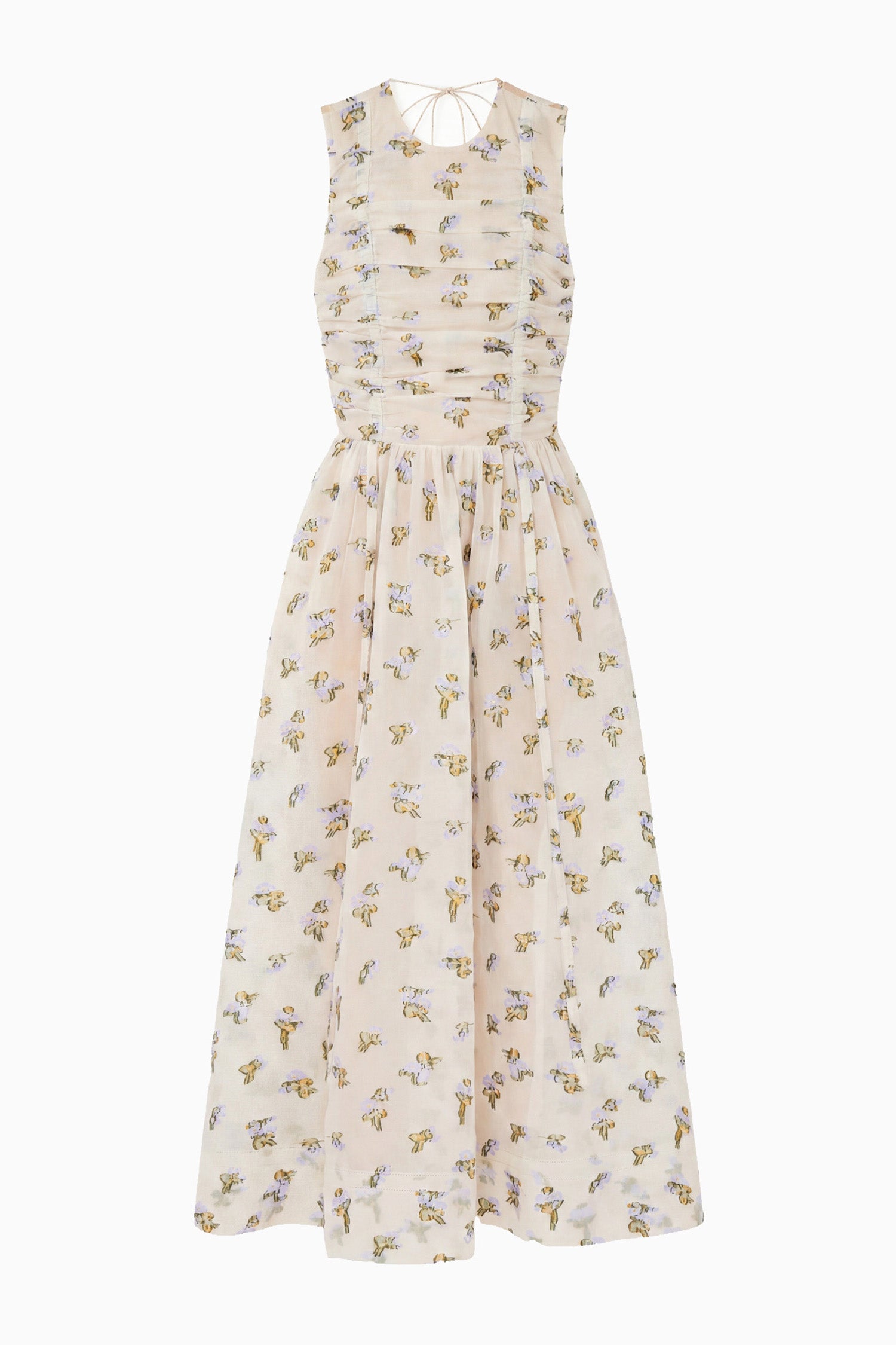 Ulla Johnson Violet Leaf Floral Organza Sleeveless Midi Dress, Ruched Bodice - Flat Lay | Ulla Johnson