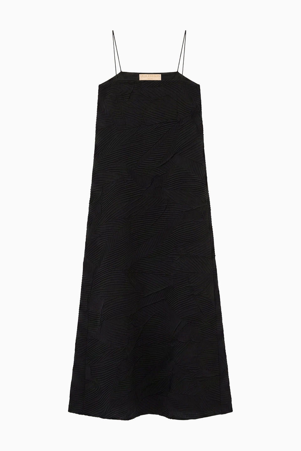 Noir Luxury Satin Sleeveless Maxi Dress - Flat Lay, Botanical Relief Texture | Ulla Johnson