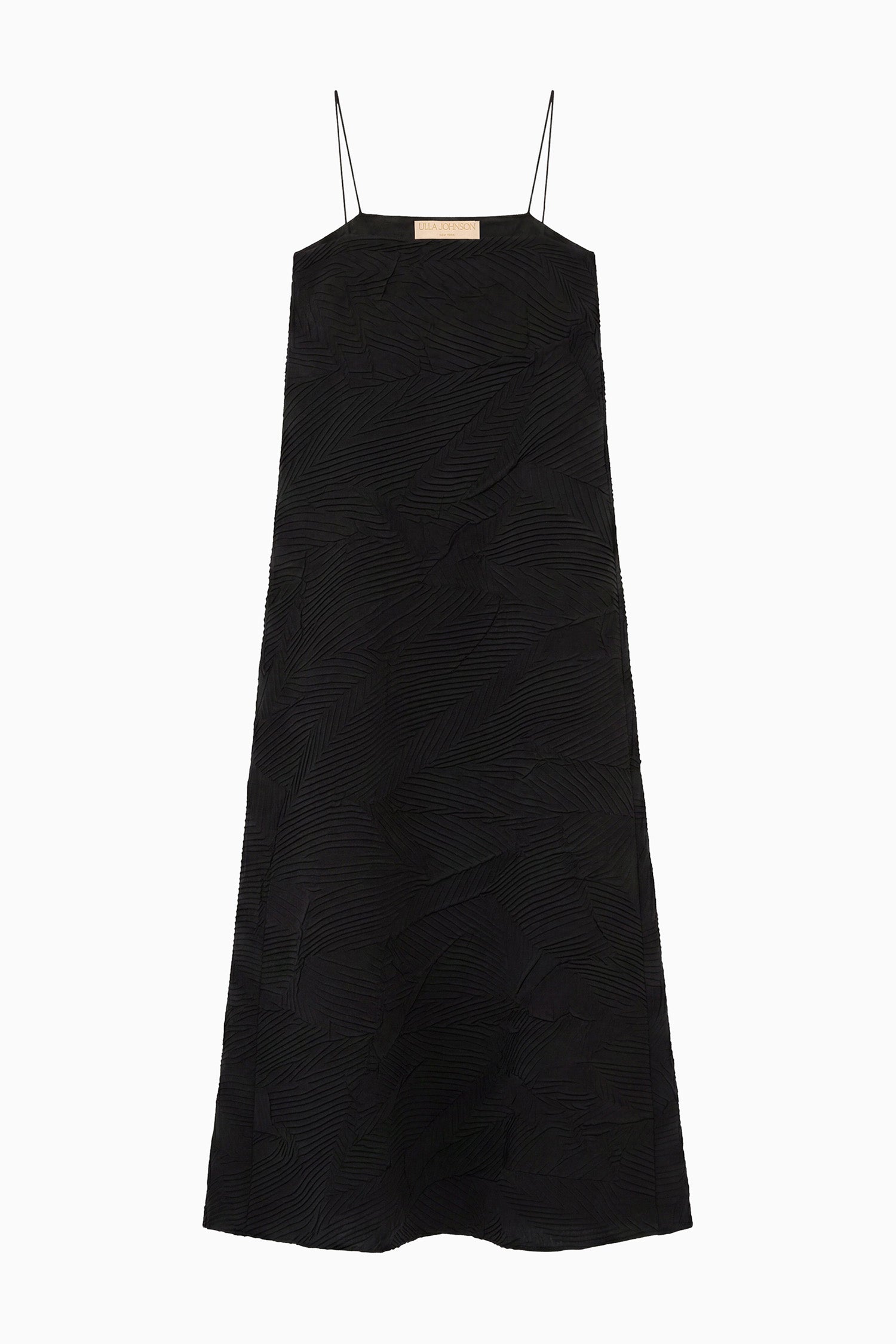 Ulla Johnson Noir Luxury Satin Sleeveless Maxi Dress - Flat Lay, Botanical Relief Texture | Ulla Johnson