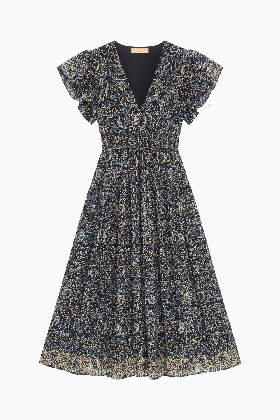 Midnight Bloom Batik Floral Cotton Midi Dress, Flutter Sleeves & Tie Waist - Flat Lay | Ulla Johnson